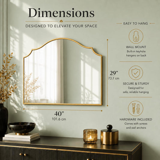 40"x29" Large Arched Gold Wall Mirror,Scalloped Edge Modern Bathroom Mirror