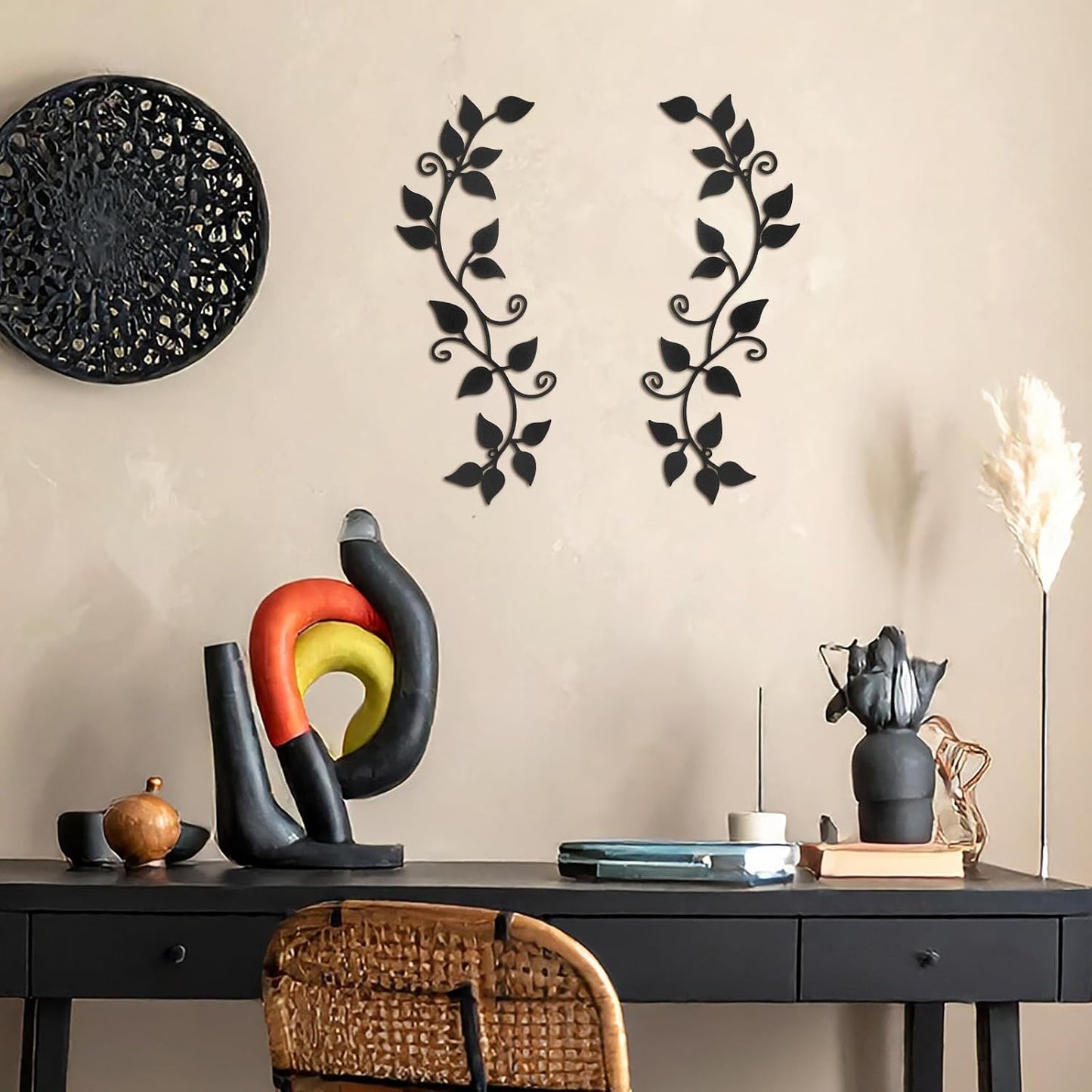 Novabright 2 Pcs Metal Tree Leaf Wall Decor Long Scroll Vine Wall Art Above Black Rustic Hanging Sign For Door Living Room Office Indoor And Outdoor Decoration