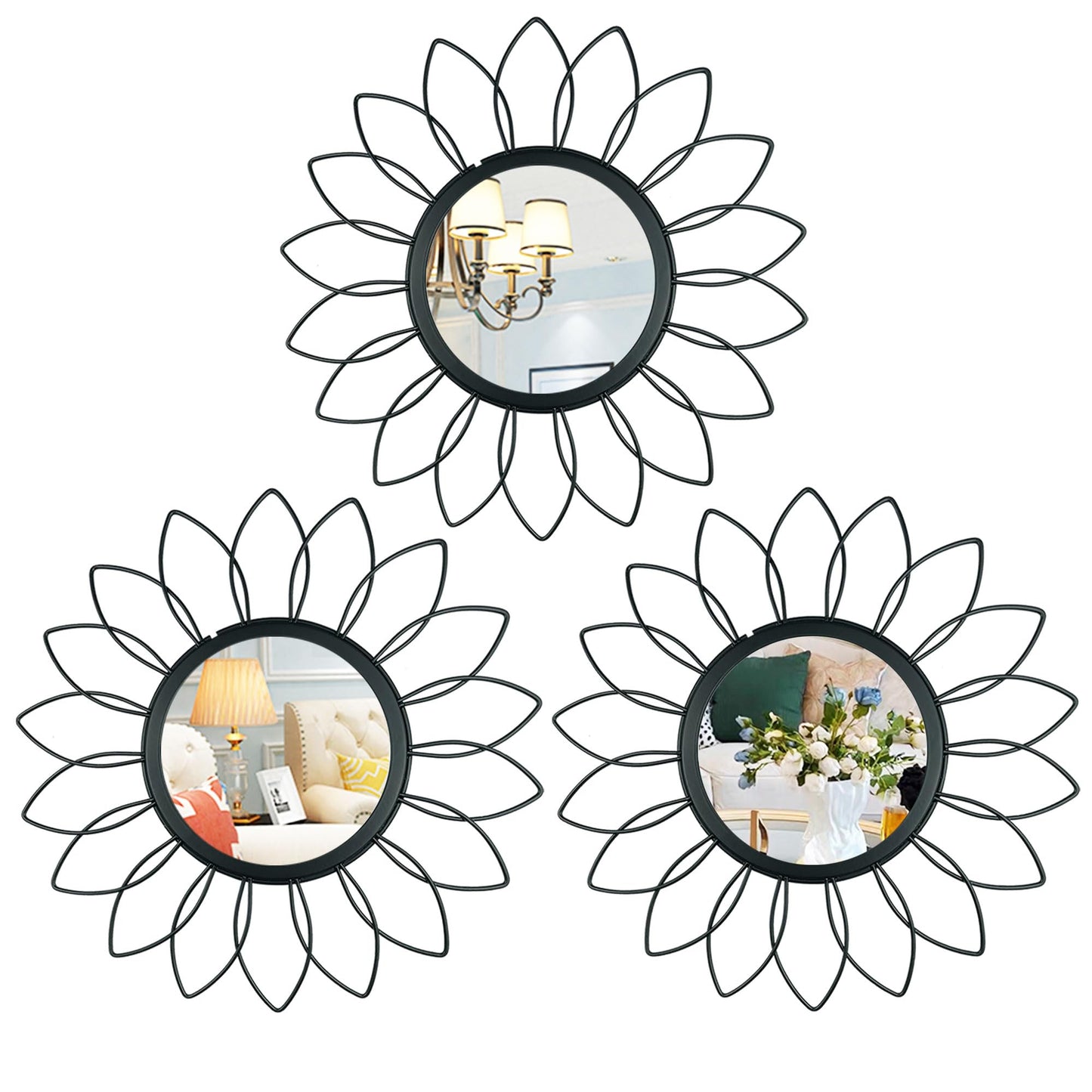 3 Pack Metal Mirrors for Wall Sunburst Wall Mirrors Home Décor Decorative Hanging Wall Art for Living Room Bedroom Entryway (Gold, Flower+Sunburst)