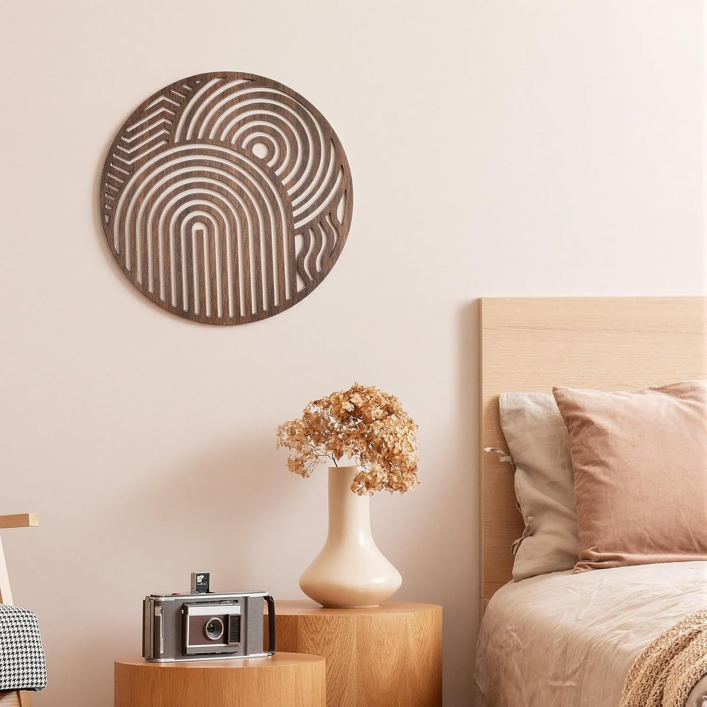 Yerliker Mcm Decor Mid Century Modern Wood Wall Art Small Walnut Geometric Wall Sculpture 11.81 Inch Boho Minimalist Abstract Panel Decor for Living Bedroom, Office, Entryway(Circular)