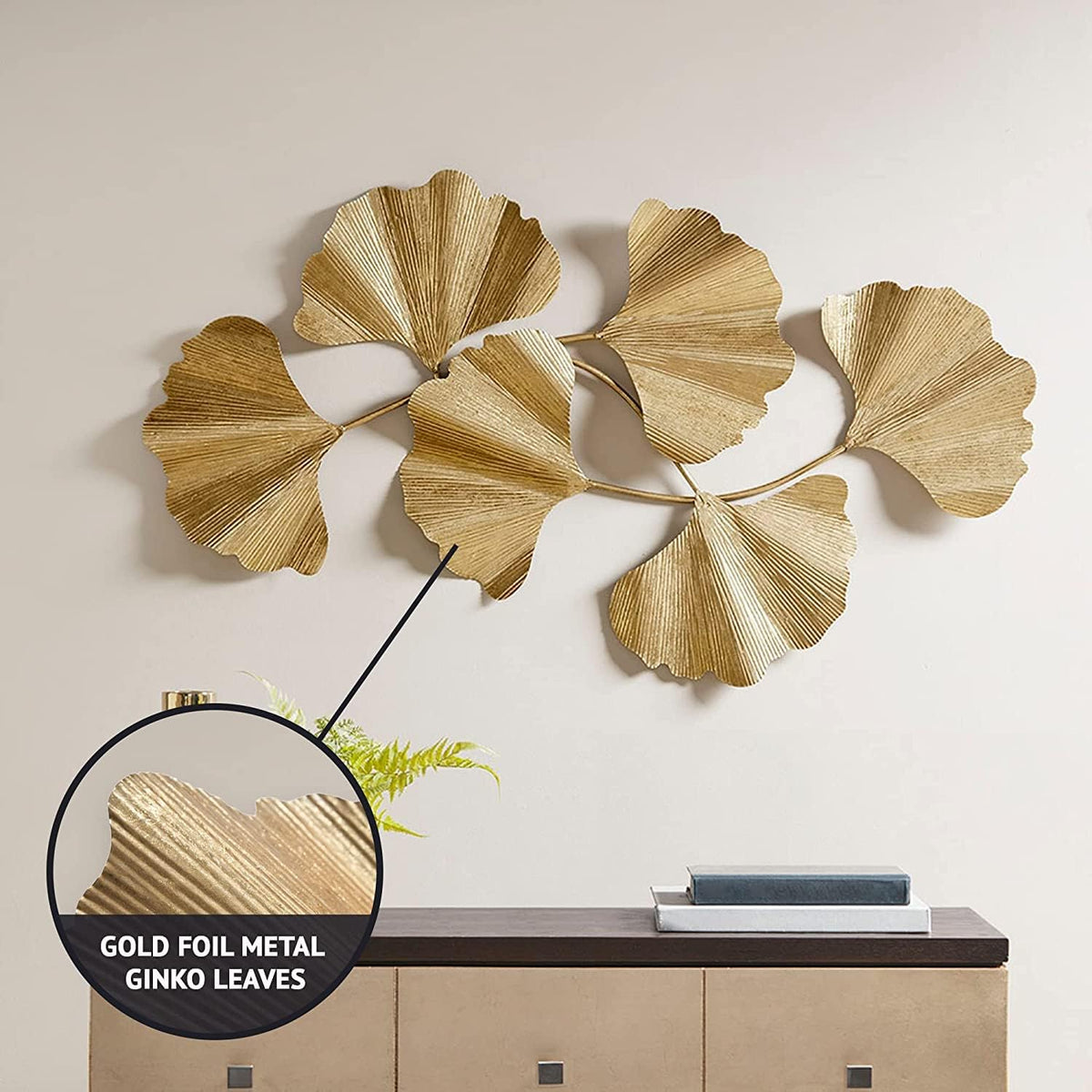 Madison Park Wall Art Living Room Décor Faye Metal Foil Ginkgo Leaf Large Home Accent Modern Inspired Dining, Bathroom Decoration Ready to Hang Ornament for Bedroom, 43"W x 23.5"H x 1.6"D, Gold