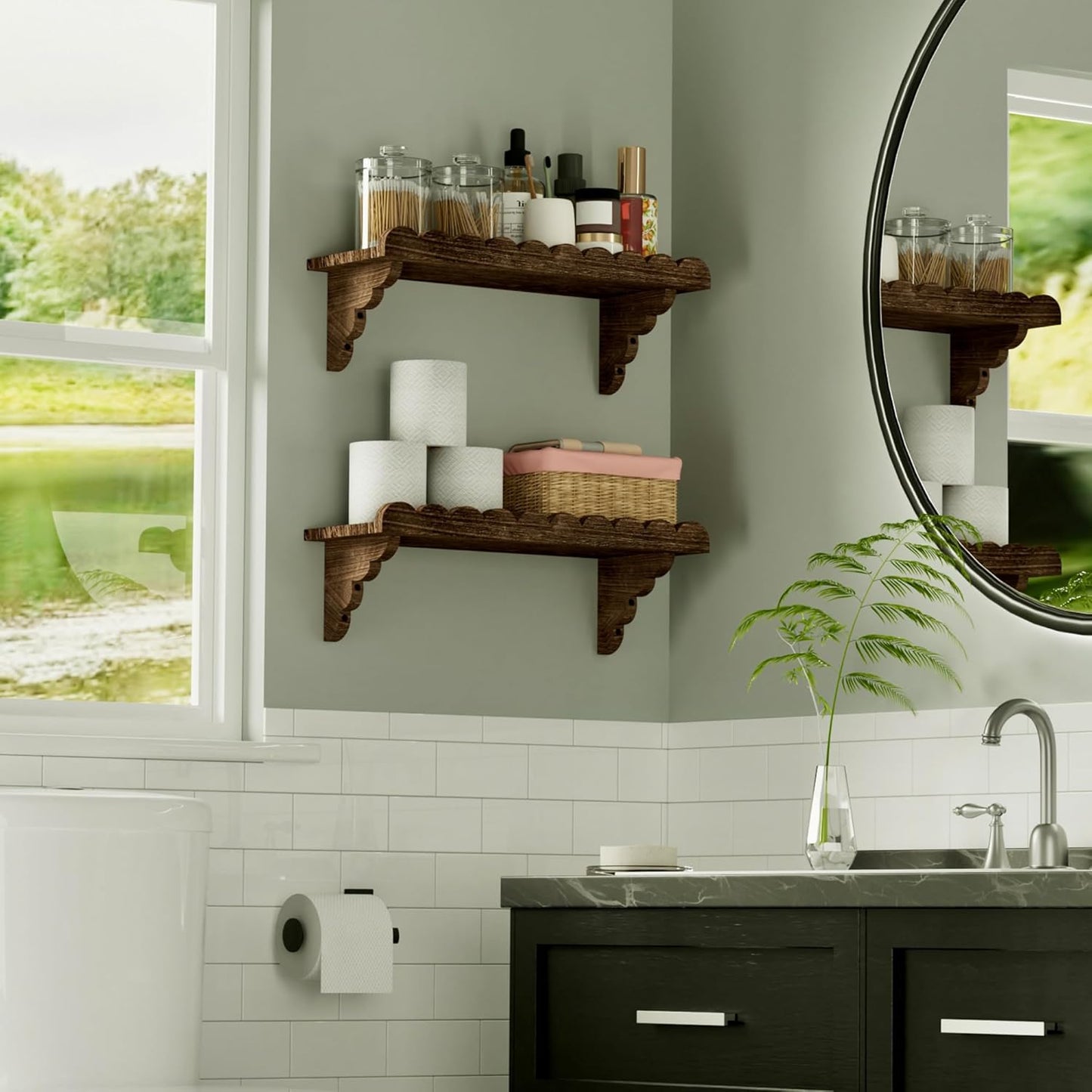 QsQueen Scalloped Wood Wall Shelf – 17 Inch Floating Shelf with Wood Brackets, Easy to Install Rustic Wall Shelf for Living Room, Bedroom, Bathroom, or Any Space