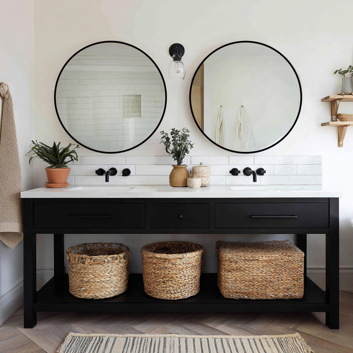 Sunniry Black Round Mirror, Round Mirror 24 inch, Matte Black Metal Frame