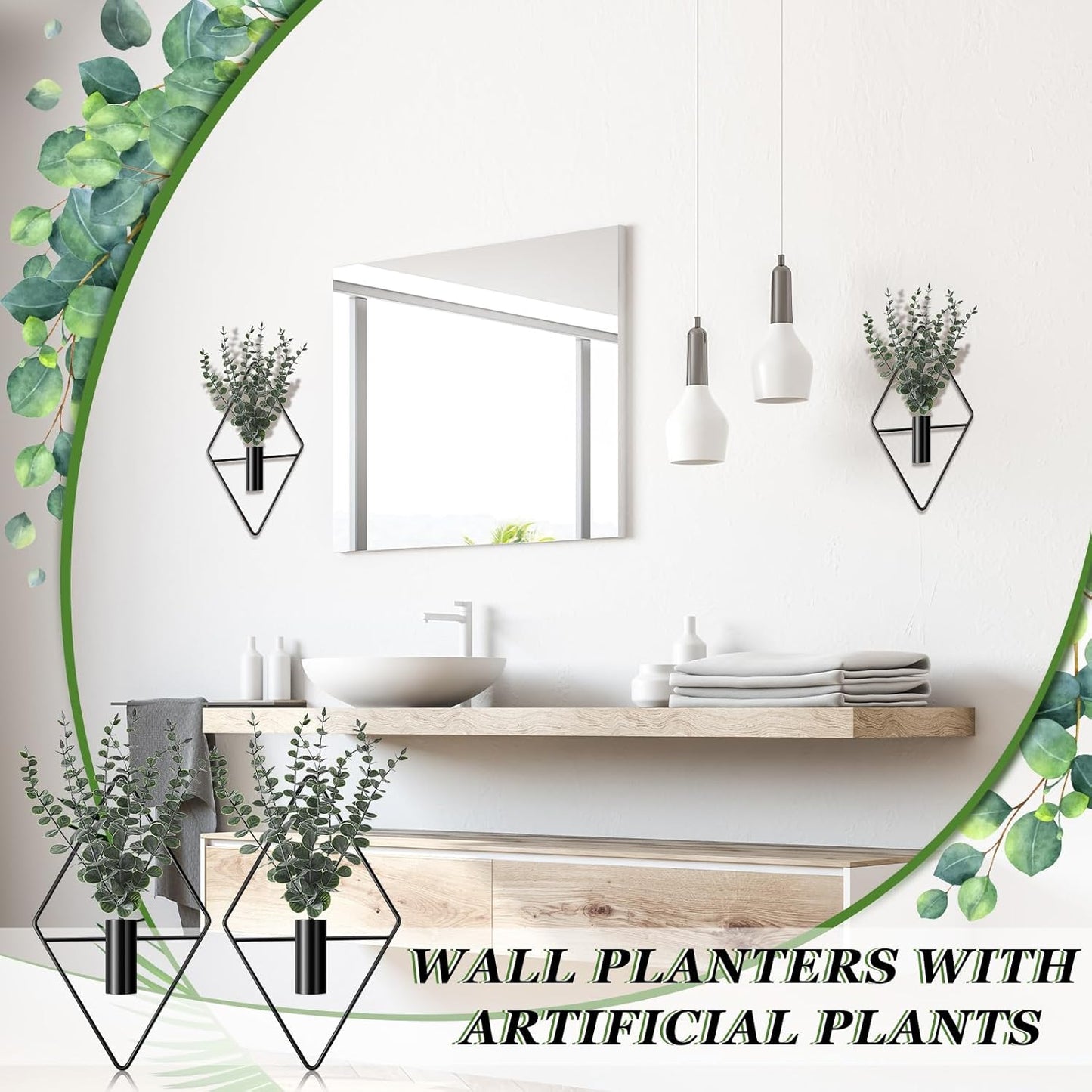 Jexine 4 Pcs Hanging Artificial Planters Wall Decor, Black, Eucalyptus