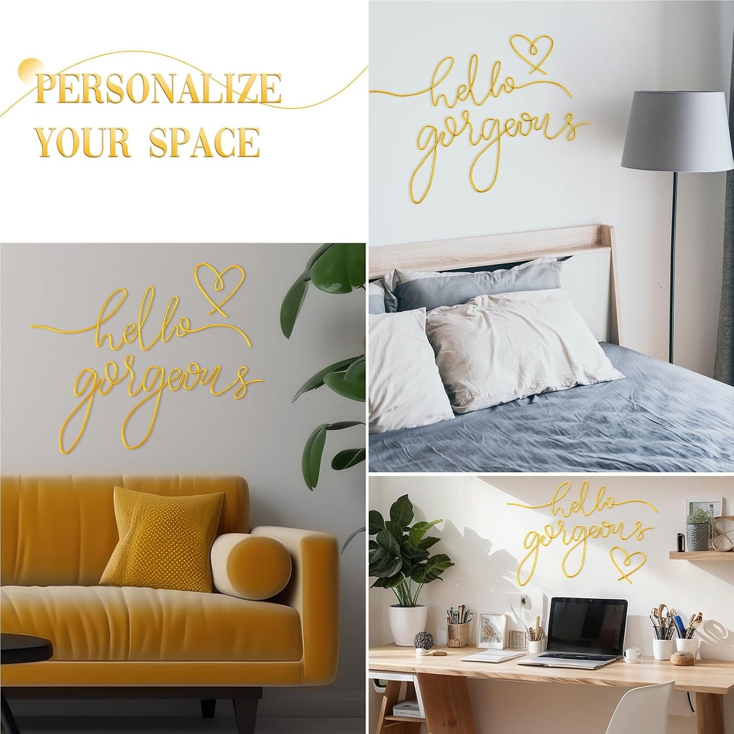 Hicarer Metal Hello Gorgeous Wall Art Minimalist Wall Decor,Gold,Classic