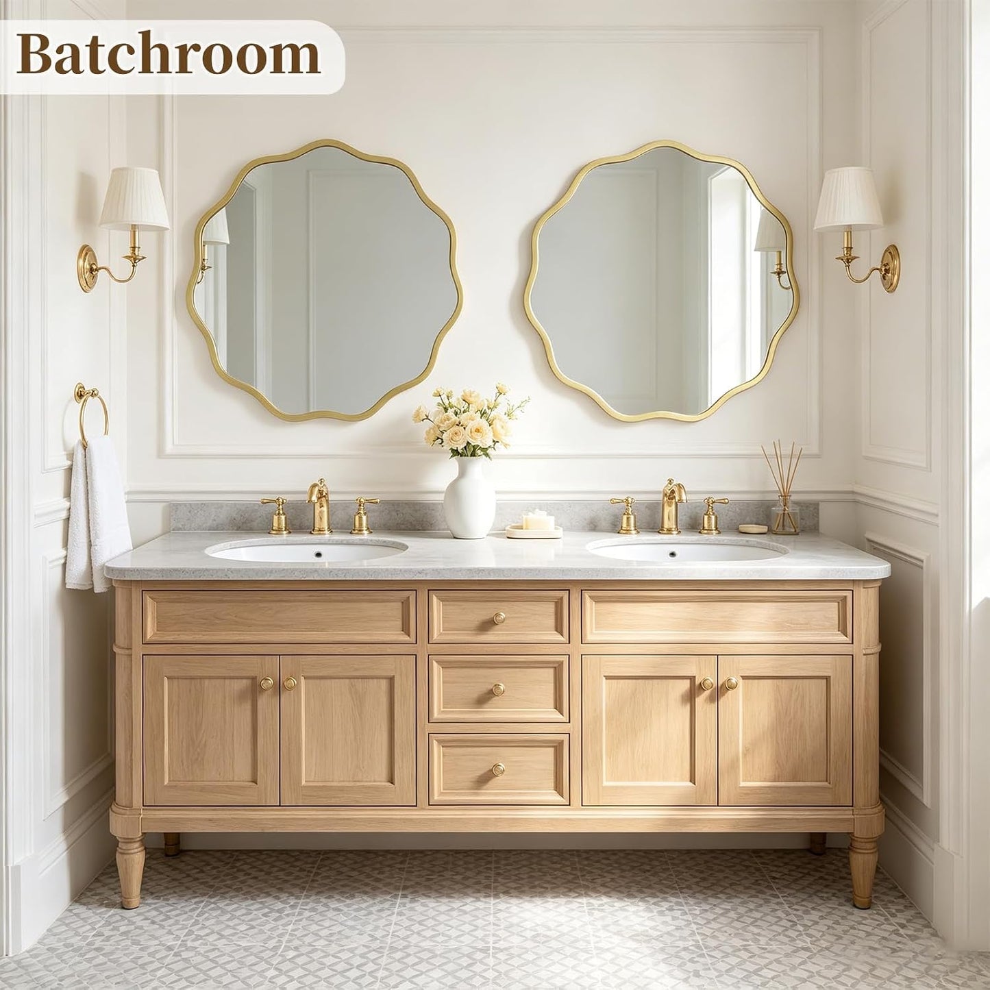 HOMECOOKIN 24" Wavy Round Wall Mirror, Gold Scalloped Circle Mirror Edge Round with Metal Frame, Modern Decorative Hanging/Leaning Mirrors for Bathroom, Hotels, Hallway, Entryway, Vanity, Office