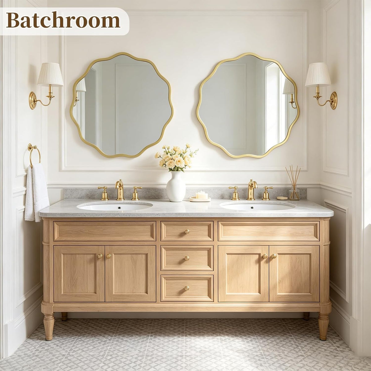 HOMECOOKIN 24" Wavy Round Wall Mirror, Gold Scalloped Circle Mirror Edge Round with Metal Frame, Modern Decorative Hanging/Leaning Mirrors for Bathroom, Hotels, Hallway, Entryway, Vanity, Office