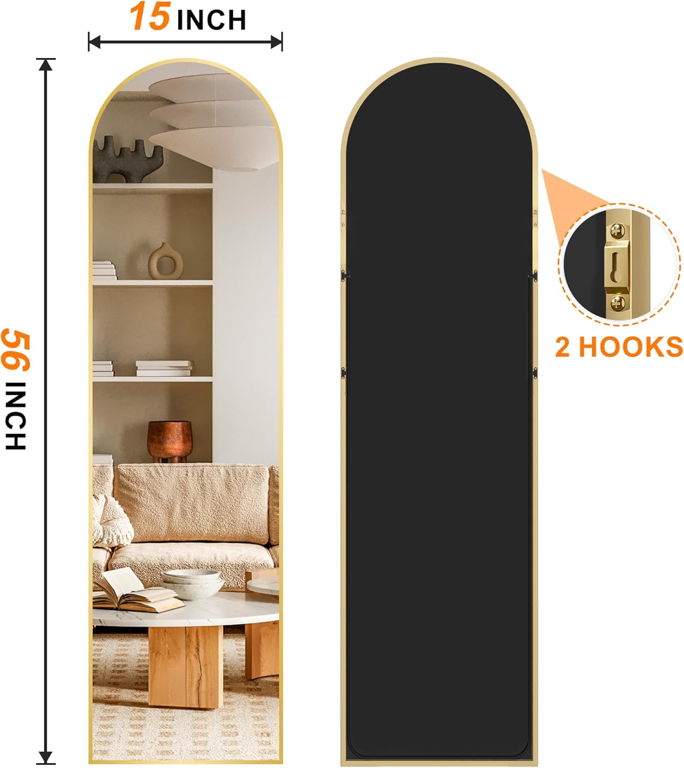 Arched Full Length Mirror, 56"x15" Standing Body Mirror for Wall, Gold