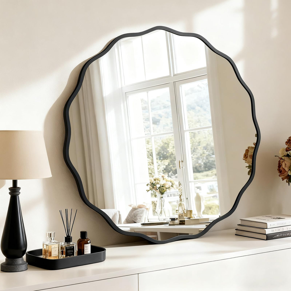 HOMECOOKIN 24" Wavy Round Wall Mirror, Gold Scalloped Circle Mirror Edge Round with Metal Frame, Modern Decorative Hanging/Leaning Mirrors for Bathroom, Hotels, Hallway, Entryway, Vanity, Office