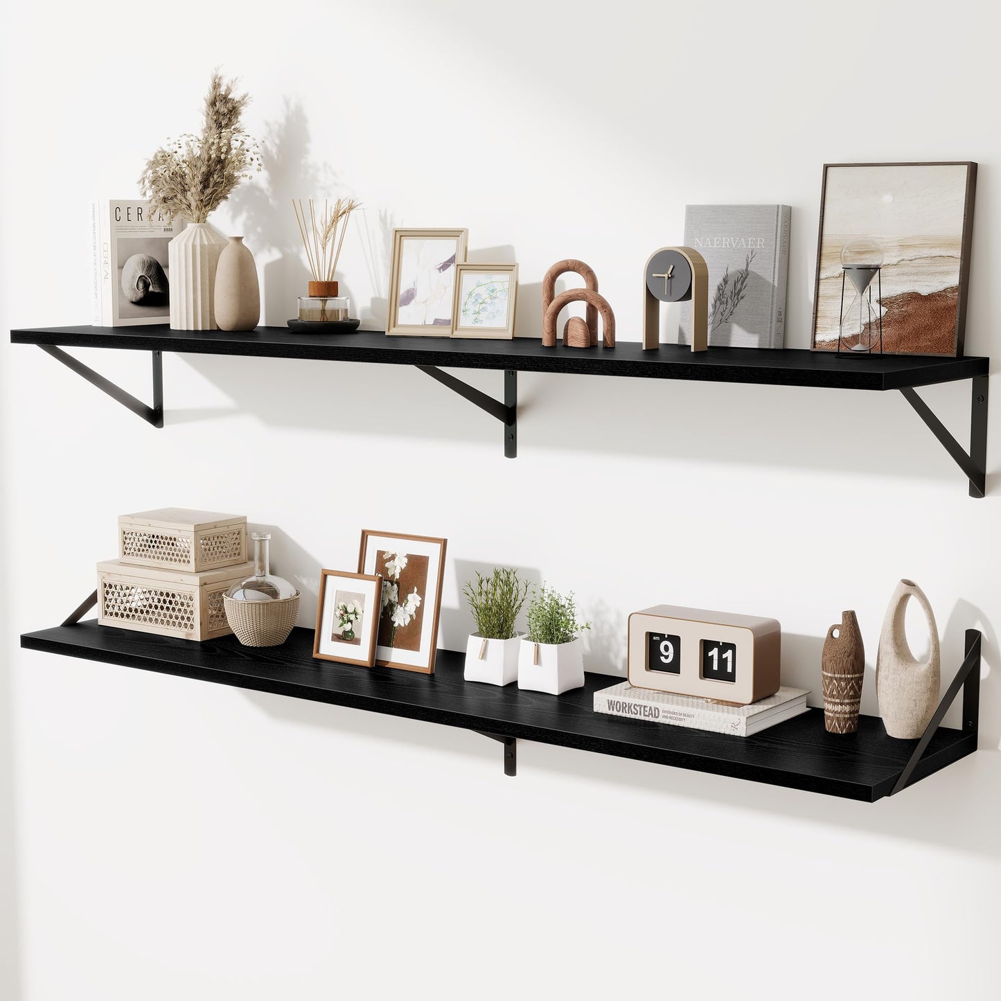 Acovy Deep Floating Shelves Wall Mounted, 36"x12" Brown Wood Shelves with Brackets Set of 2 for Bedroom, Living Room, Bathroom, Kitchen, Office - Storage & Display Shelf for Decor, Books, Plants