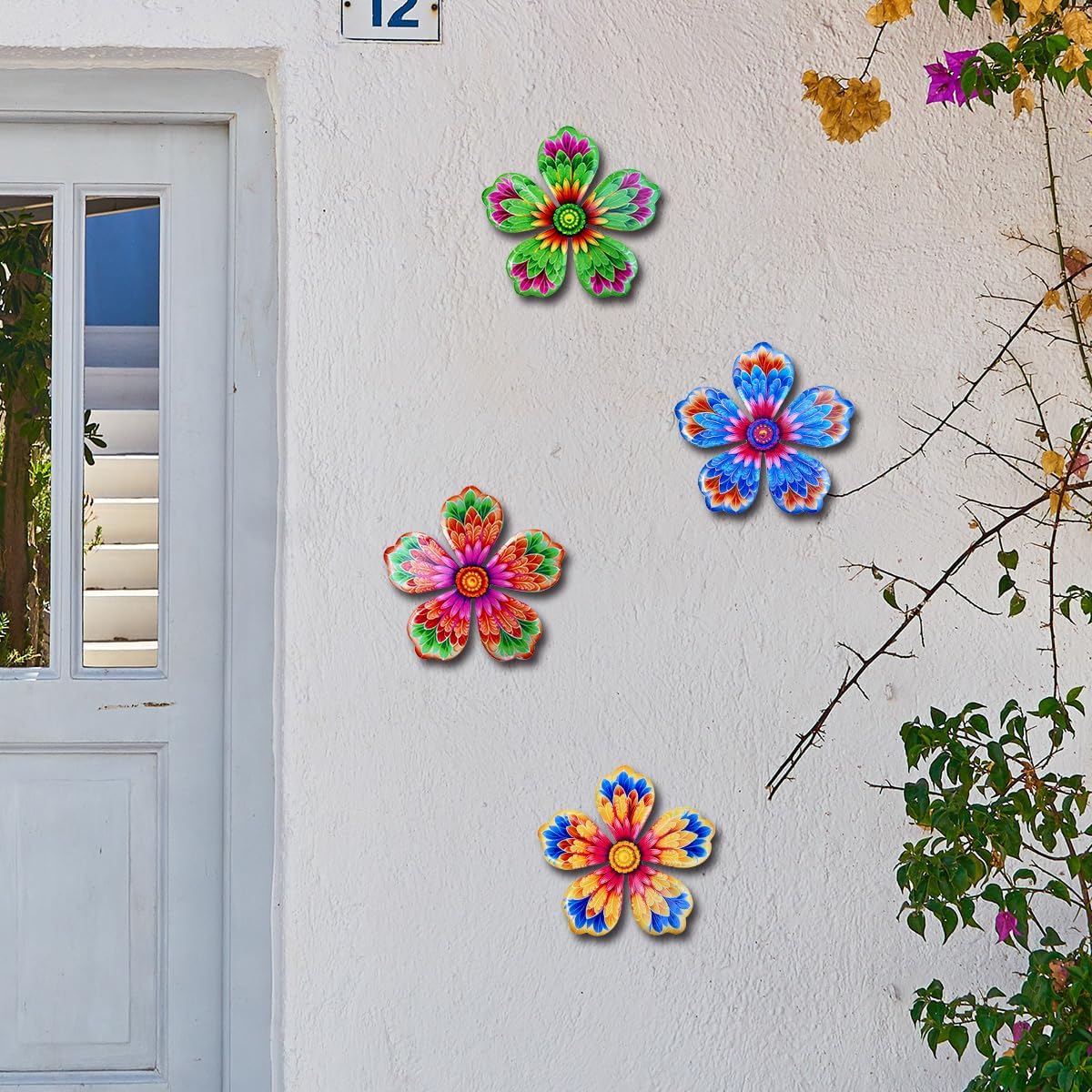 Giyyomtr Metal Flowers Wall Decor - 4pcs 6.2'' Metal Wall Art Hanging Decorations for Outdoor Fence Garden Yard Patio Exterior Home Wall Decor