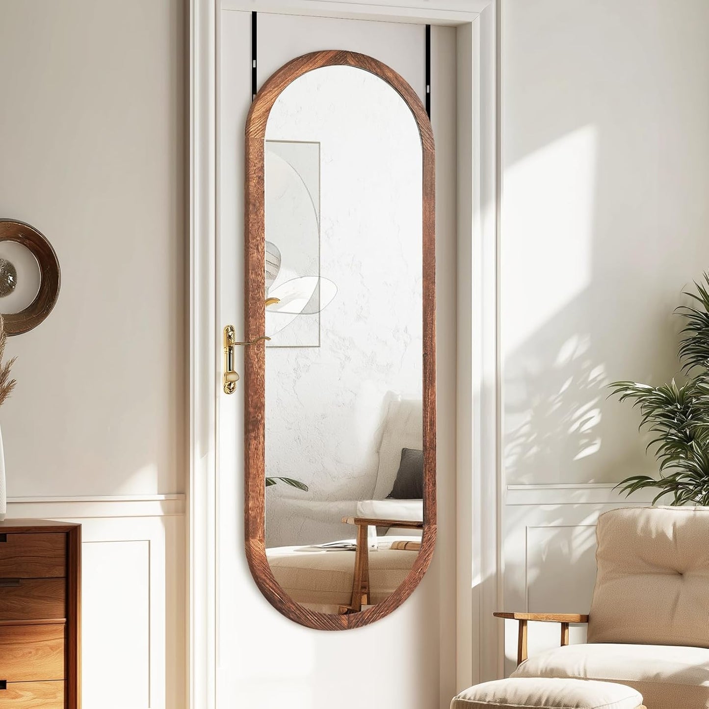 48x16in Oval Full Length Mirror Solid Wood Frame, Brown