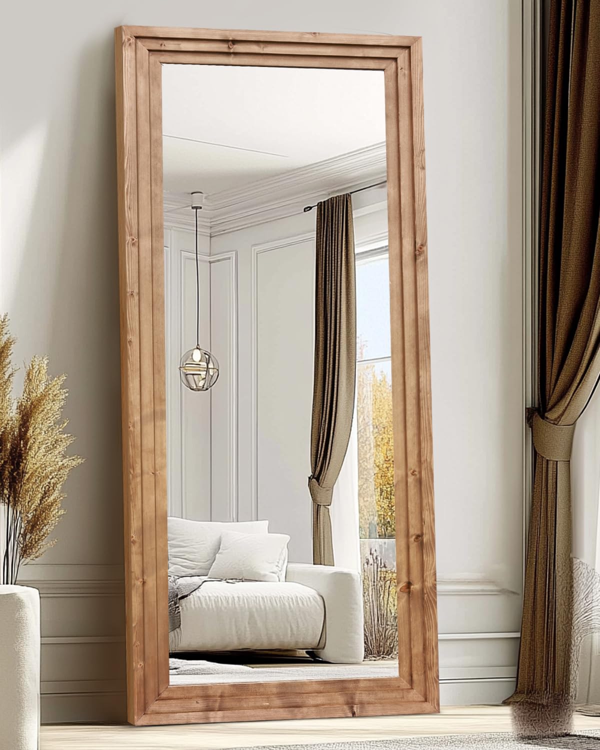 48x16in Oval Full Length Mirror Solid Wood Frame, Brown