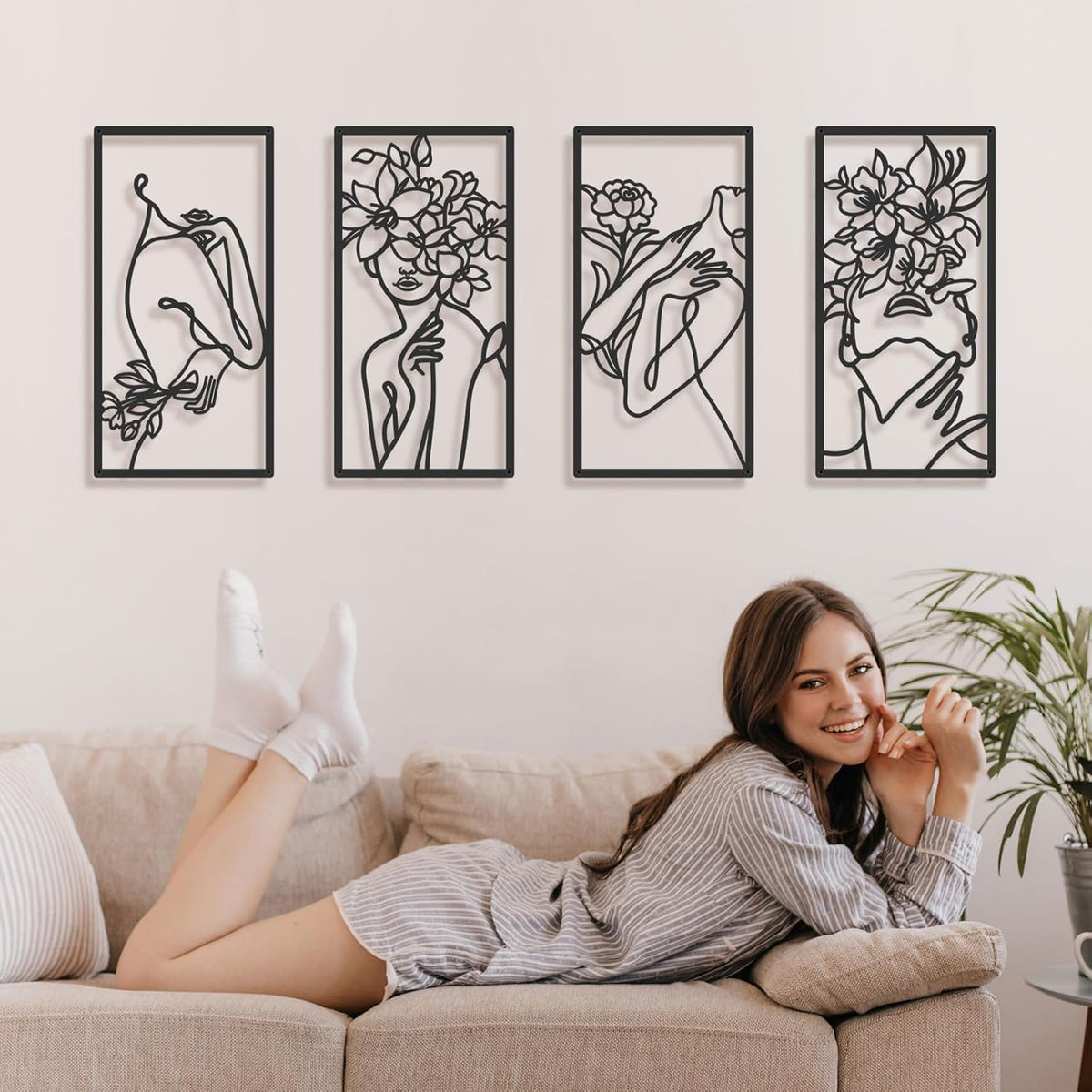 Black Metal Abstract Wall Art, Minimalist Woman Flower Bathroom Wall Decor