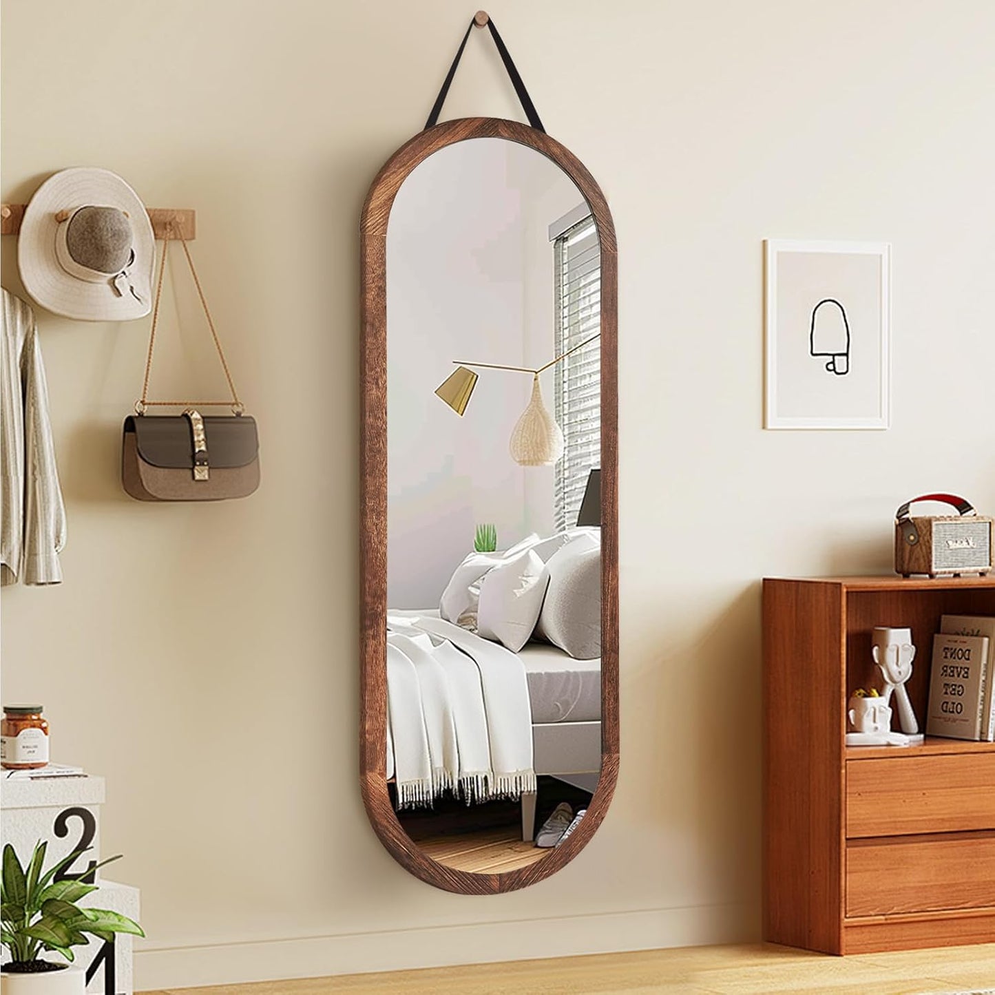 48x16in Oval Full Length Mirror Solid Wood Frame, Brown