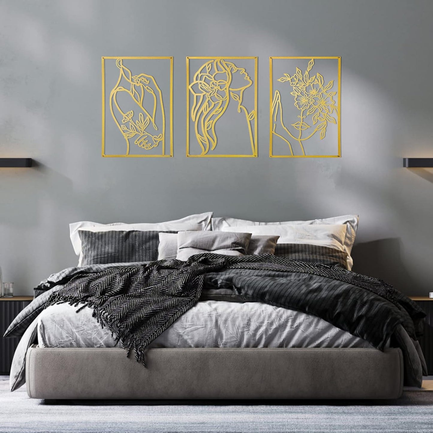 AGIOTA 3 Pcs Gold Metal Wall Decor, Minimalist Floral Women Line Drawing Wall Art, Elegant Abstract Lady Silhouette Metal Wall Hanging for Home Bedroom Living Room