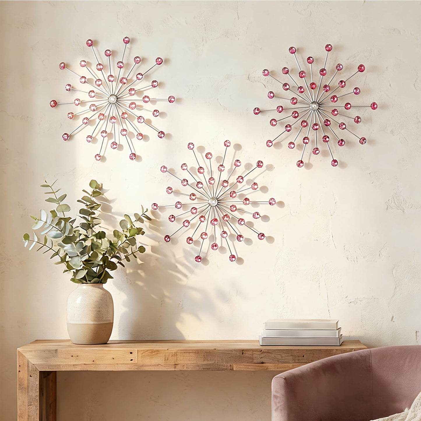 ZEXUIRU 3 Set Silver Starburst Wall Art for Home Decor Metal Bling Crystal Rhinestones Sunburst Wall Decor Sparkling Rhinestone Art Accent Silver - 13in