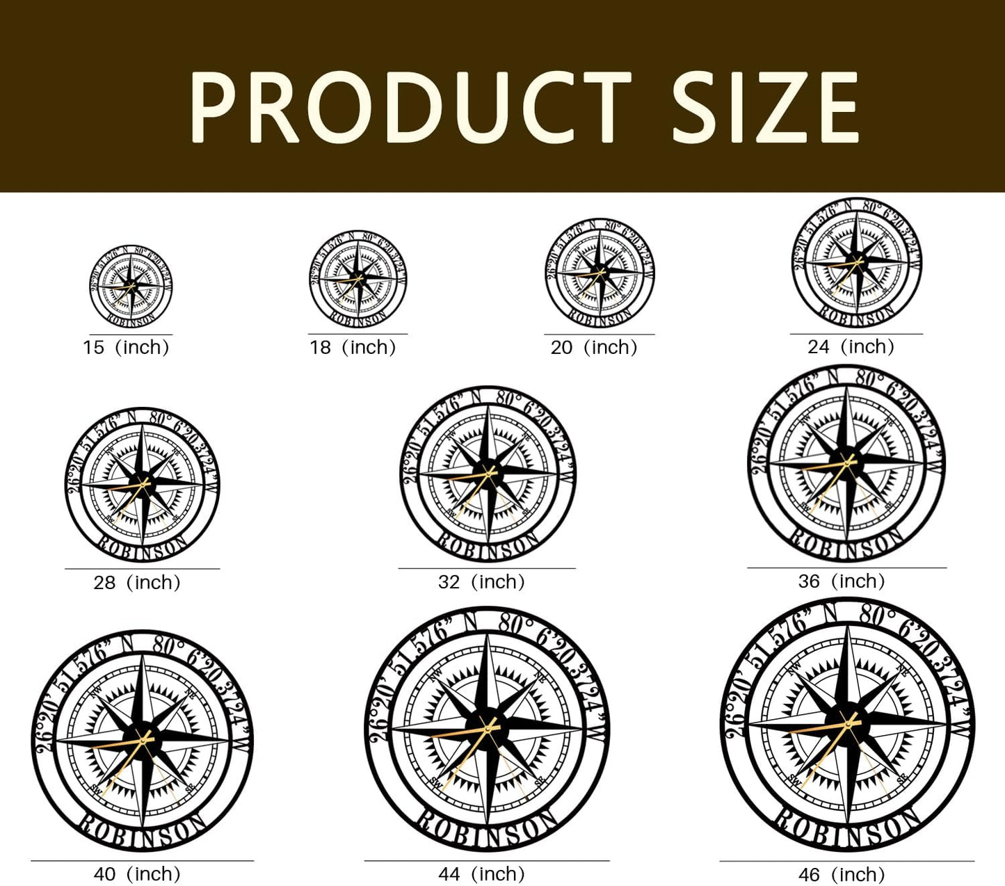 Custom Compass Wall Clock Metal Sign Clock Latitude Longitude House Gift