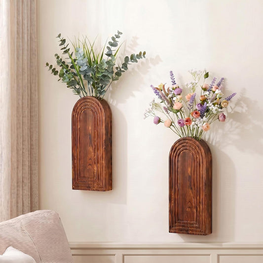 2 Pack Wooden Wall Vase Set, YOPIKUU Brown Boho Hanging Wall Planter Vase