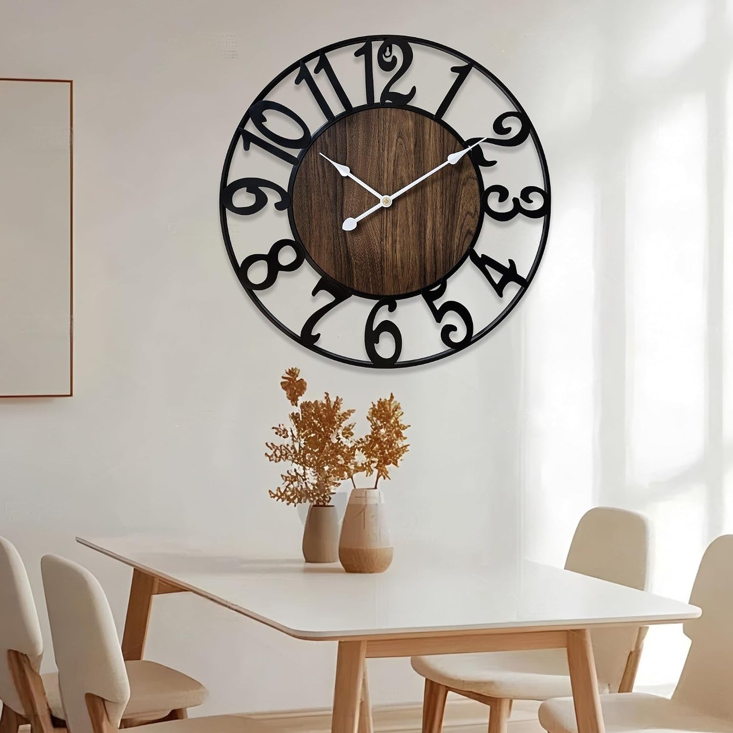 24 Inch Large Wall Clock for Living Room Bedroom Kitchen Mantel Decor, Silent Battery Operated Decorative Non Ticking Metal Round Modern Farmhouse Arabic Numerals Big Clock Wall Decor