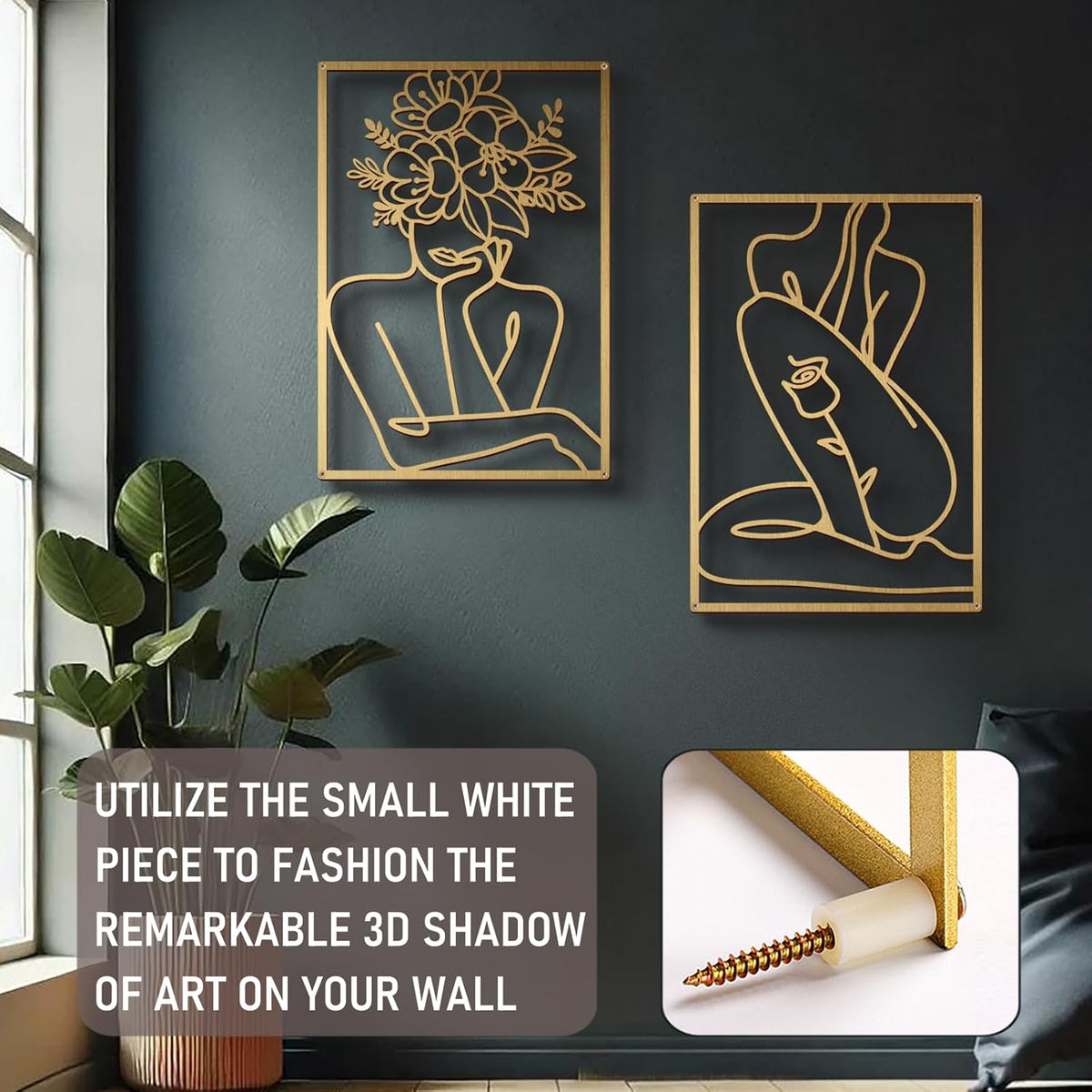 Gold Metal Abstract Wall Art, Floral Minimalist Line Decor For Bedroom