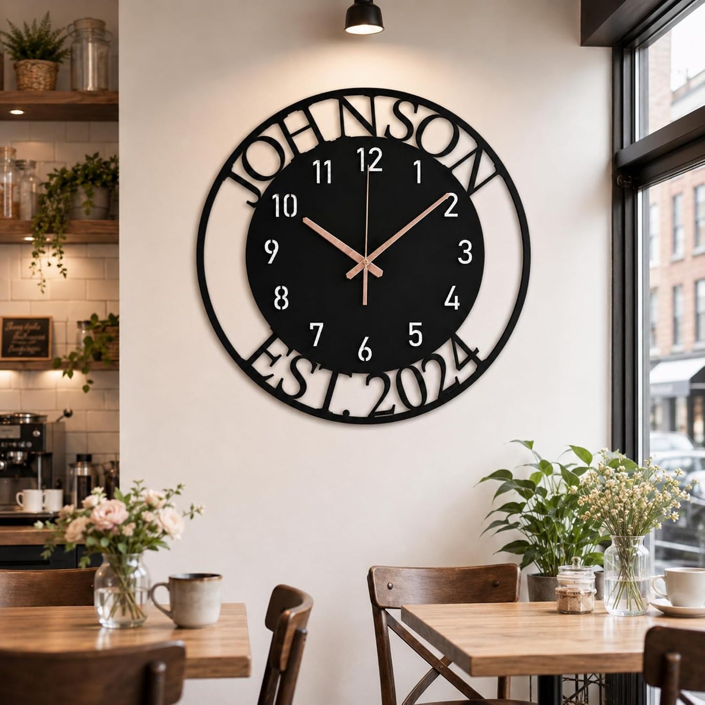 Custom Large Metal Wall Clock, Personalized Last Name and Established Year, Silent Non-Ticking Steel Clock, Family Decor for Living Room, Wedding, Anniversary or Housewarming Gift