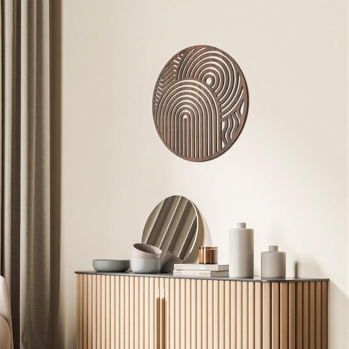 Yerliker Mcm Decor Mid Century Modern Wood Wall Art Small Walnut Geometric Wall Sculpture 11.81 Inch Boho Minimalist Abstract Panel Decor for Living Bedroom, Office, Entryway(Circular)