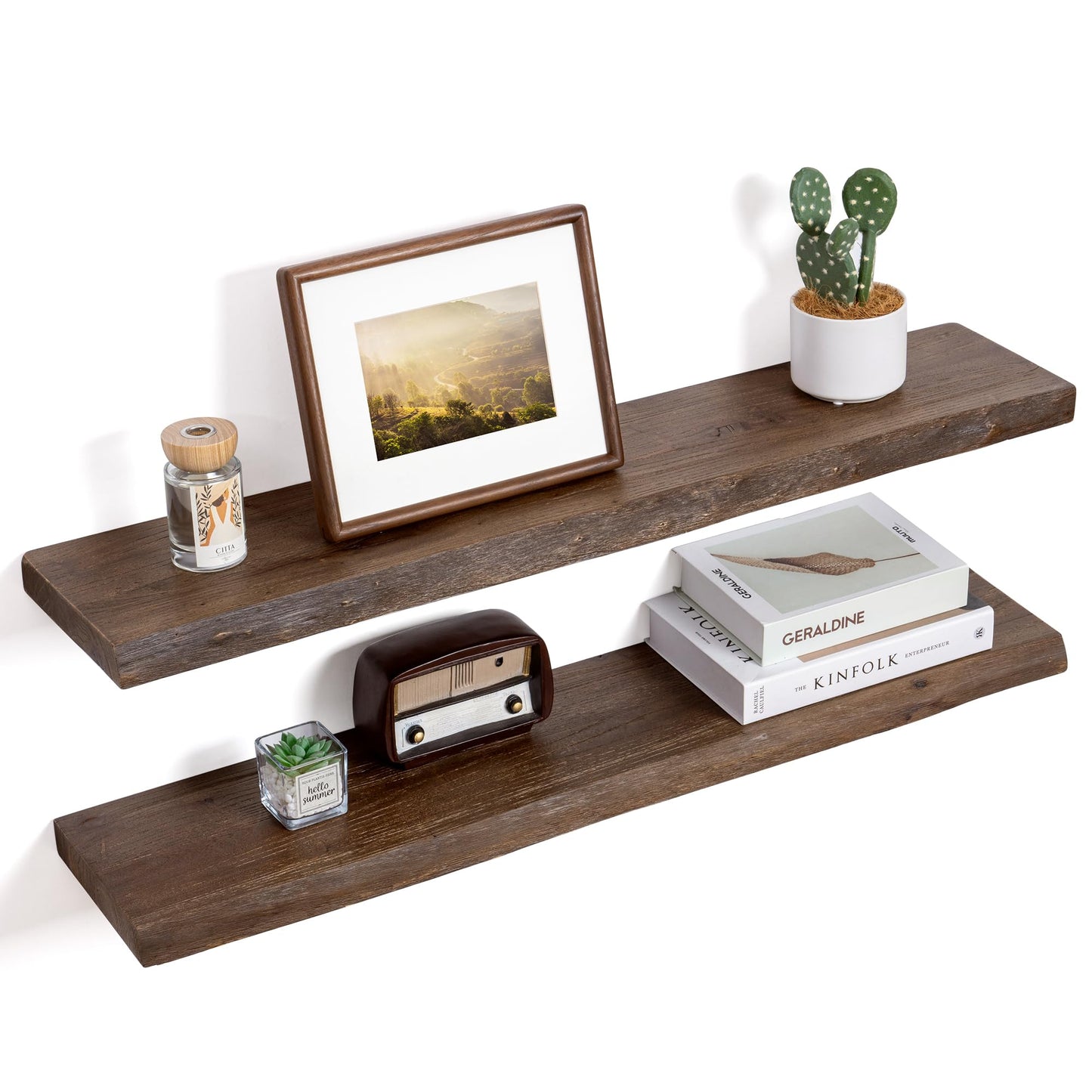 Floating Shelves for Wall Decor, Rustic Solid Elm Wood Live Edge Floating Shelves Wall Mounted, Wall Shelves with Invisible Bracket for Living Room Bathroom Bedroom Kitchen, 24 Inch Set of 2, Natural