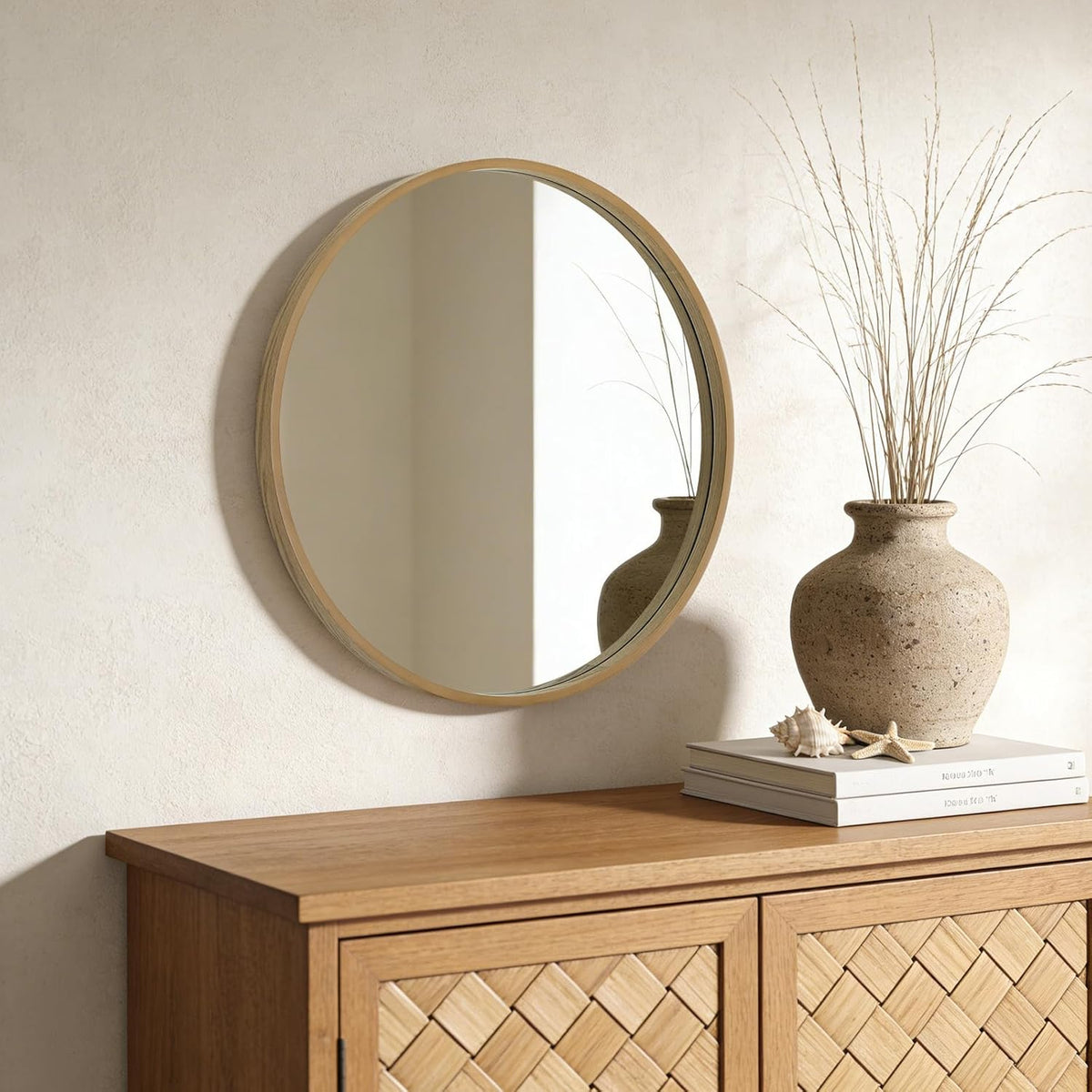 WallBeyond Round Wood Mirror 24 inch Circle Wall Mirror for Bathroom Round Wall Mirror for Wall Decor, Vanity, Entryway Living Room (Natural)