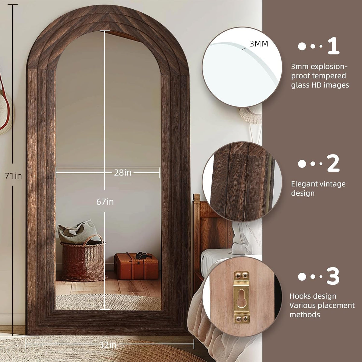 ZHUNFA Arched Full Length Mirror with Solid Wood Frame