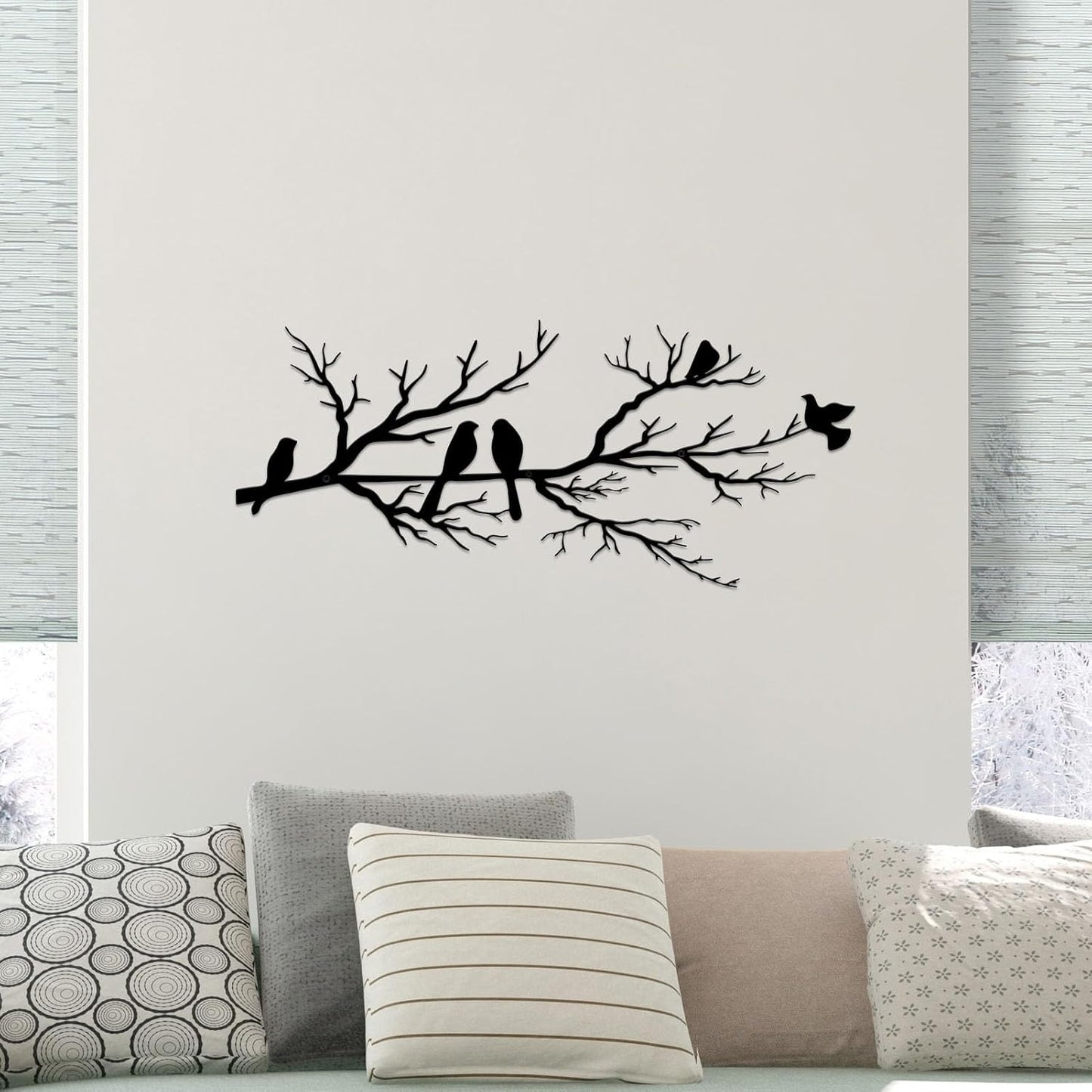 Metal Birds Wall Art, Metal Vivid Birds on Branch Silhouette Wall Decor Black Leaves with Bird Outdoor Hanging Wall Sculpture for Home Balcony Garden(Large)