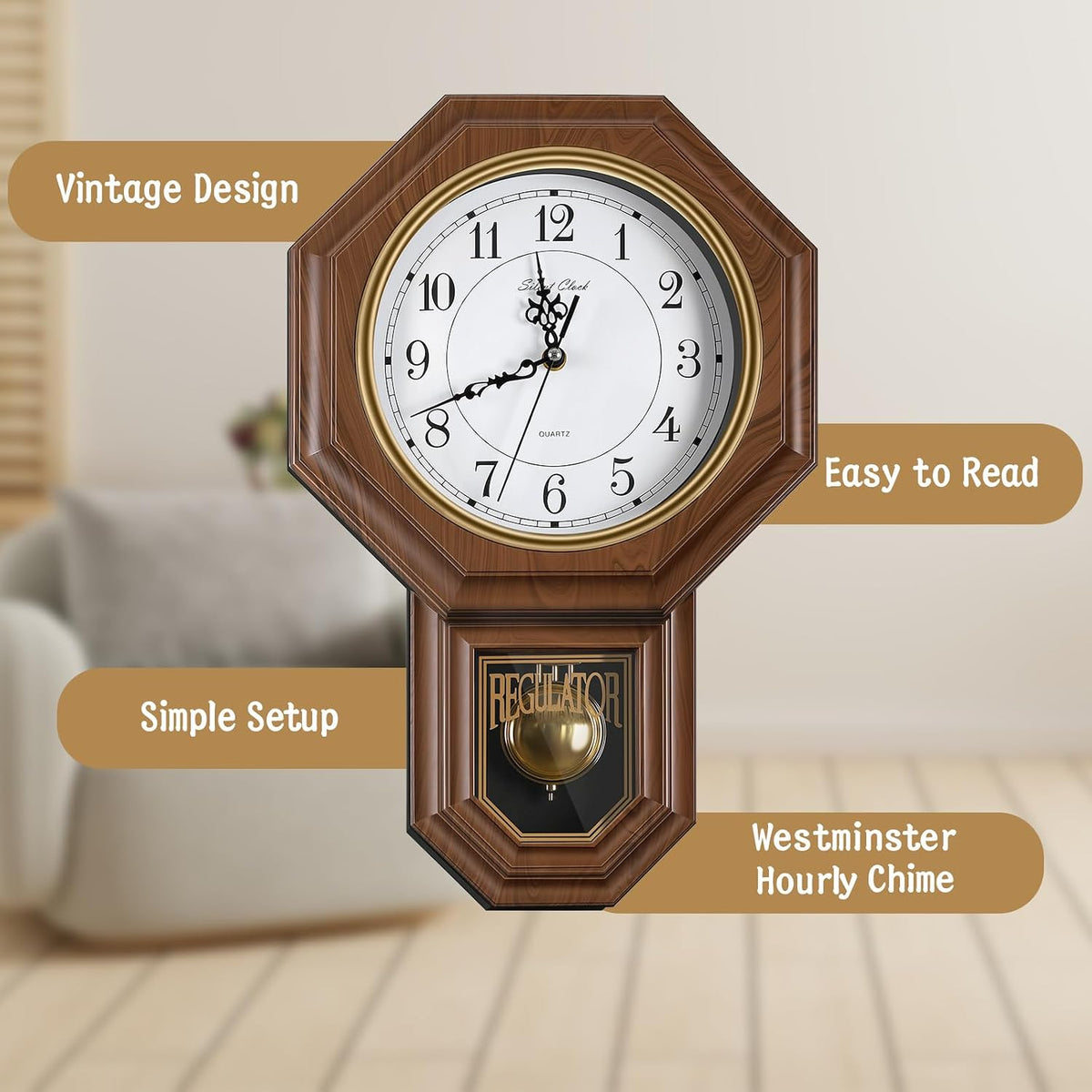 Pendulum Wall Clock,Imitation Wood Plastic Regulator Wall Clocks,Brown