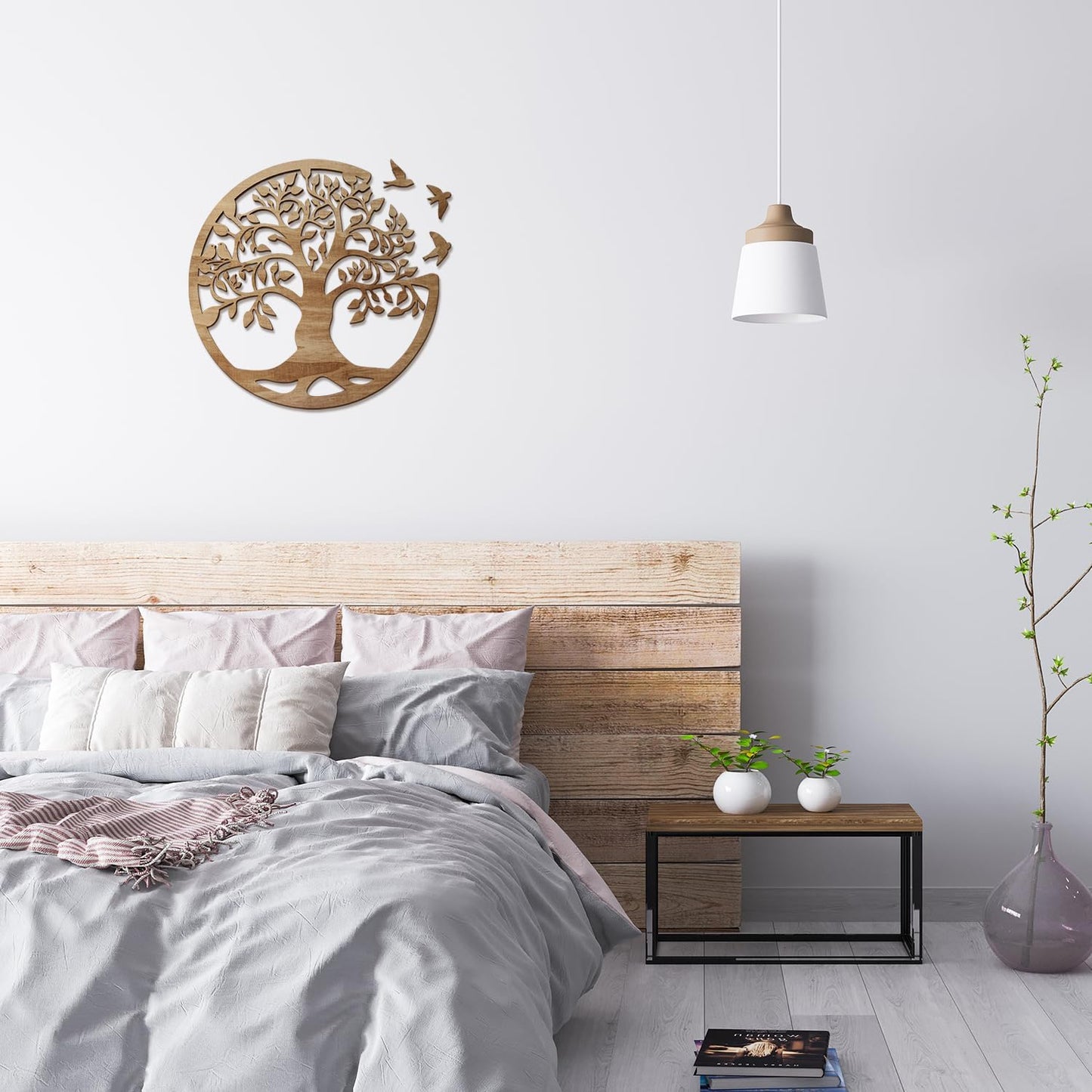 Wooden Tree of Life Wall Art 12 Inch Round Tree Life Wall Decor with 3 Bird