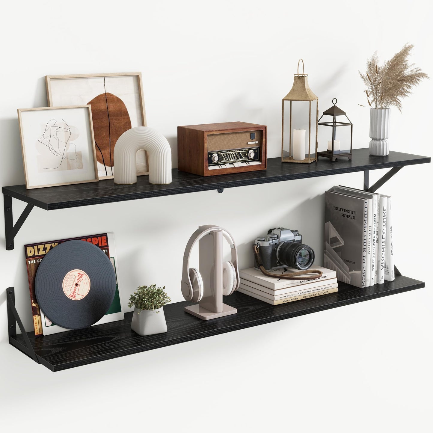 Acovy Deep Floating Shelves Wall Mounted, 36"x12" Brown Wood Shelves with Brackets Set of 2 for Bedroom, Living Room, Bathroom, Kitchen, Office - Storage & Display Shelf for Decor, Books, Plants