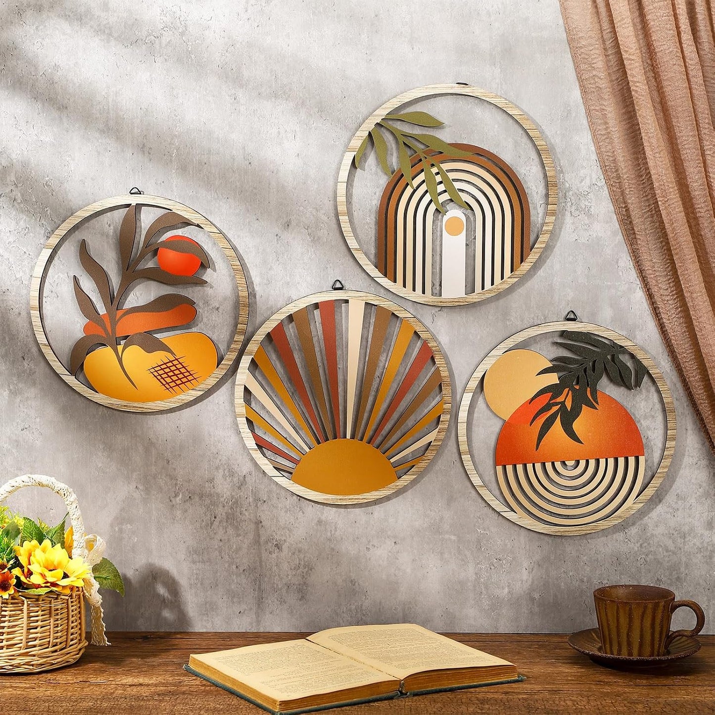 Qunclay 4 Pcs Boho Wall Art Bohemian Wood Round Circle Wall Decor Stylish