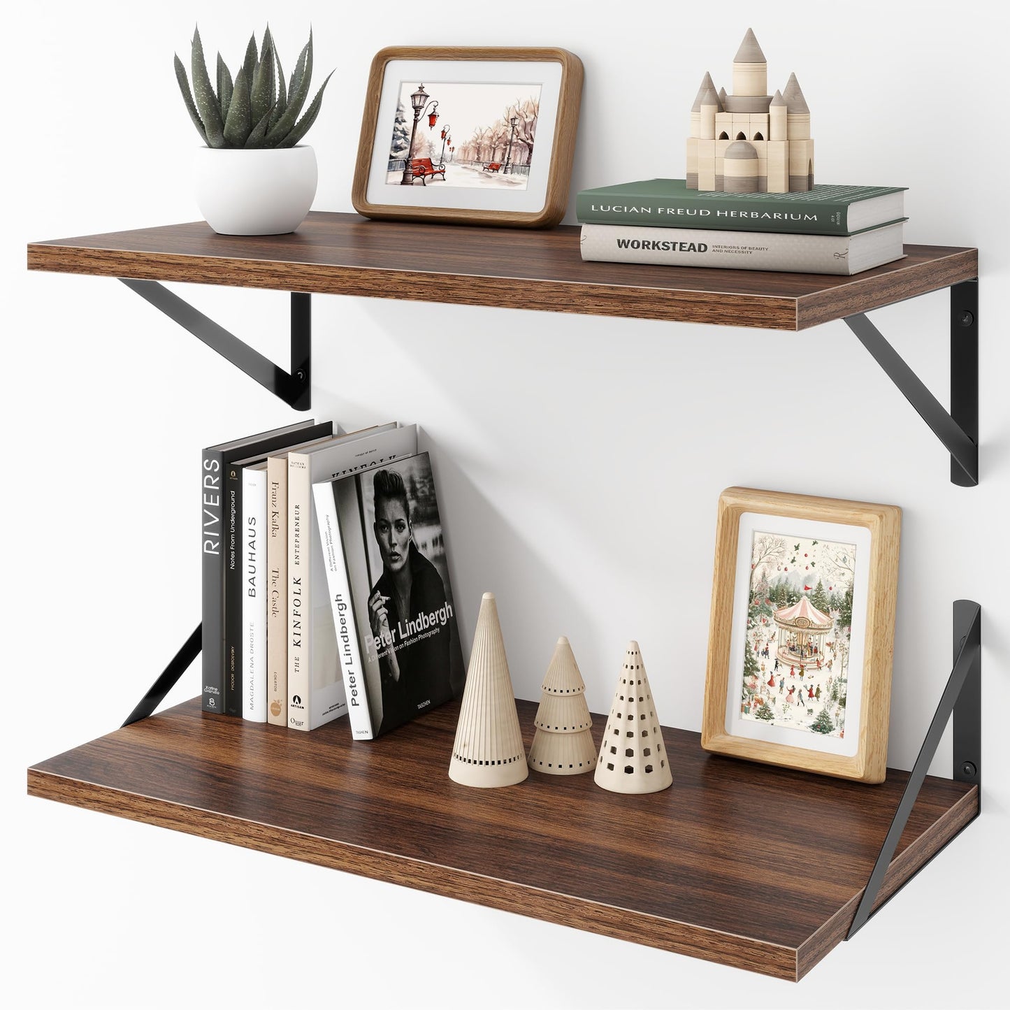 Acovy Deep Floating Shelves Wall Mounted, 36"x12" Brown Wood Shelves with Brackets Set of 2 for Bedroom, Living Room, Bathroom, Kitchen, Office - Storage & Display Shelf for Decor, Books, Plants