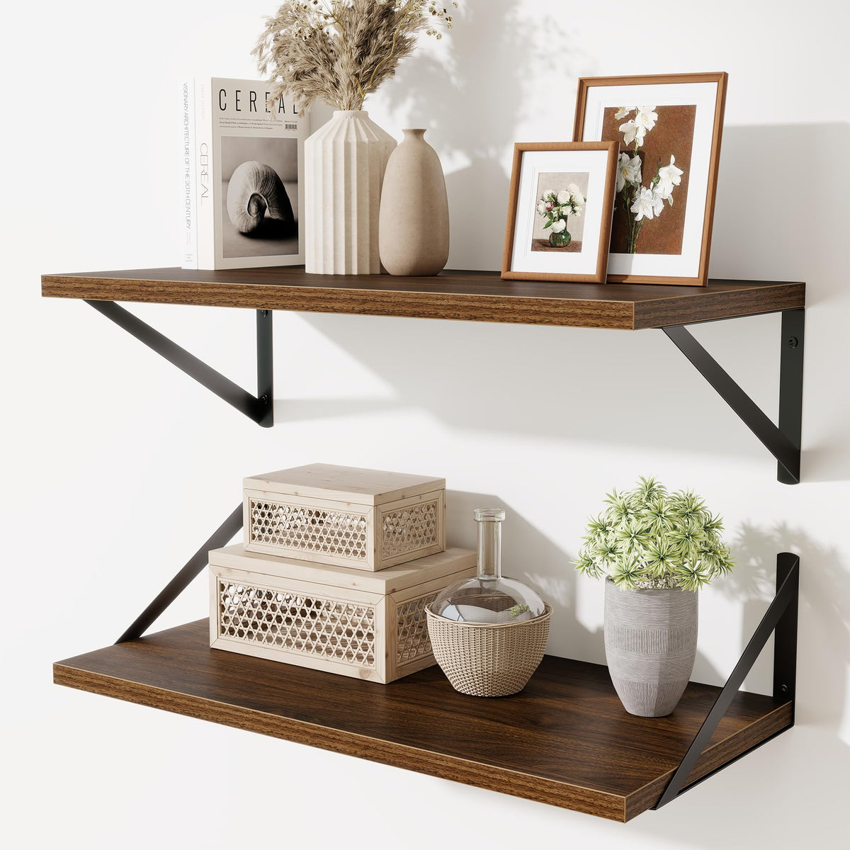 Acovy Deep Floating Shelves Wall Mounted, 36"x12" Brown Wood Shelves with Brackets Set of 2 for Bedroom, Living Room, Bathroom, Kitchen, Office - Storage & Display Shelf for Decor, Books, Plants