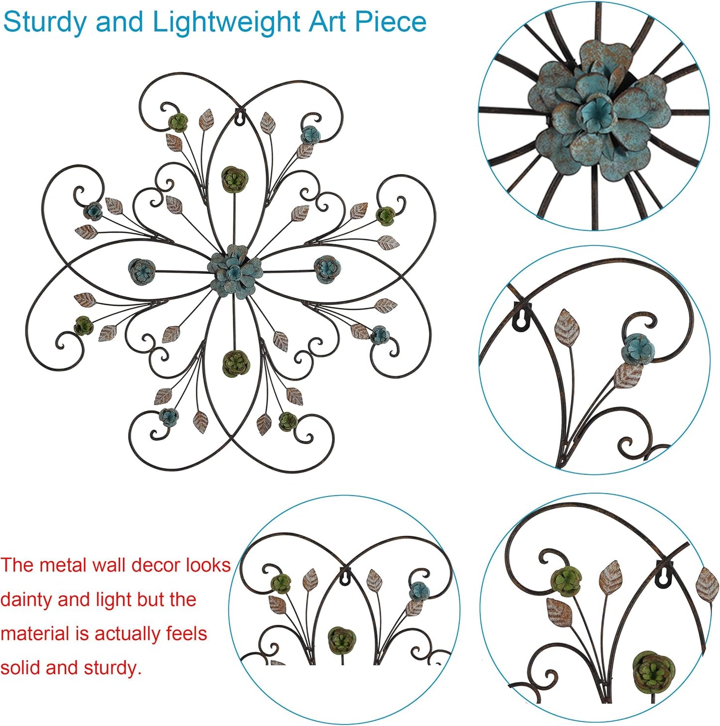 Phaxth 24" Metal Flower Wall Art Decor with Rust Leaf, Large Scroll Outdoor Wall Art Decor