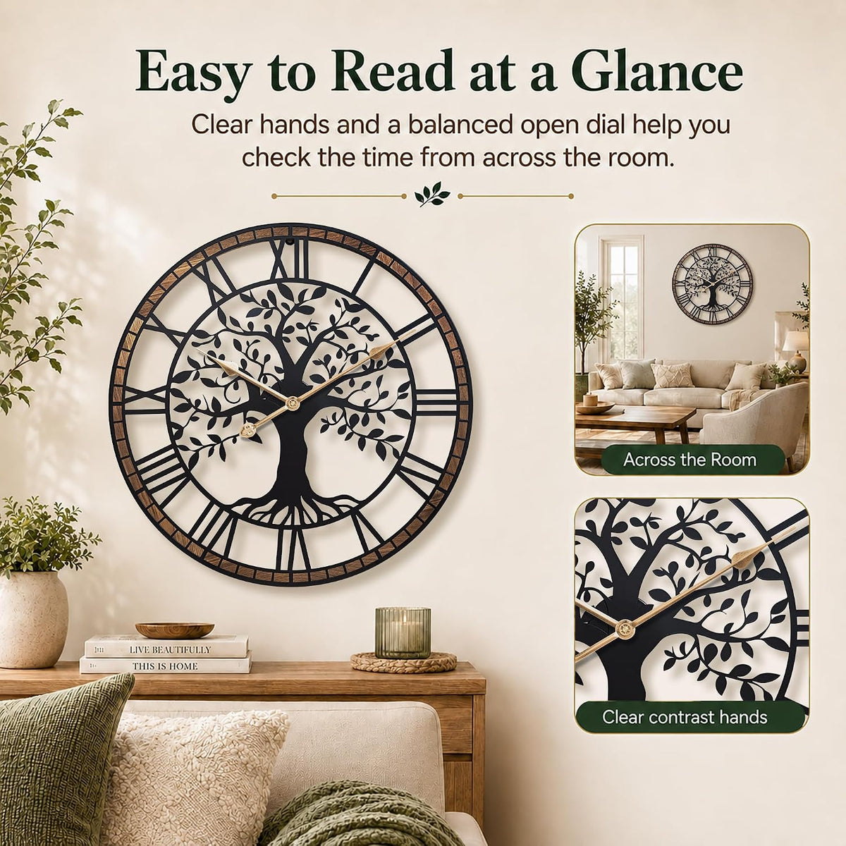 24 Inch Large Modern Metal Tree Wall Clock for Living Room Decor,Wood Frame