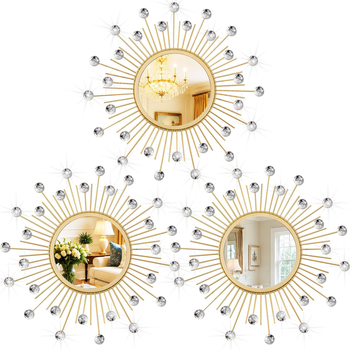 3 Pack Metal Mirrors for Wall Sunburst Wall Mirrors Home Décor Decorative Hanging Wall Art for Living Room Bedroom Entryway (Gold, Flower+Sunburst)
