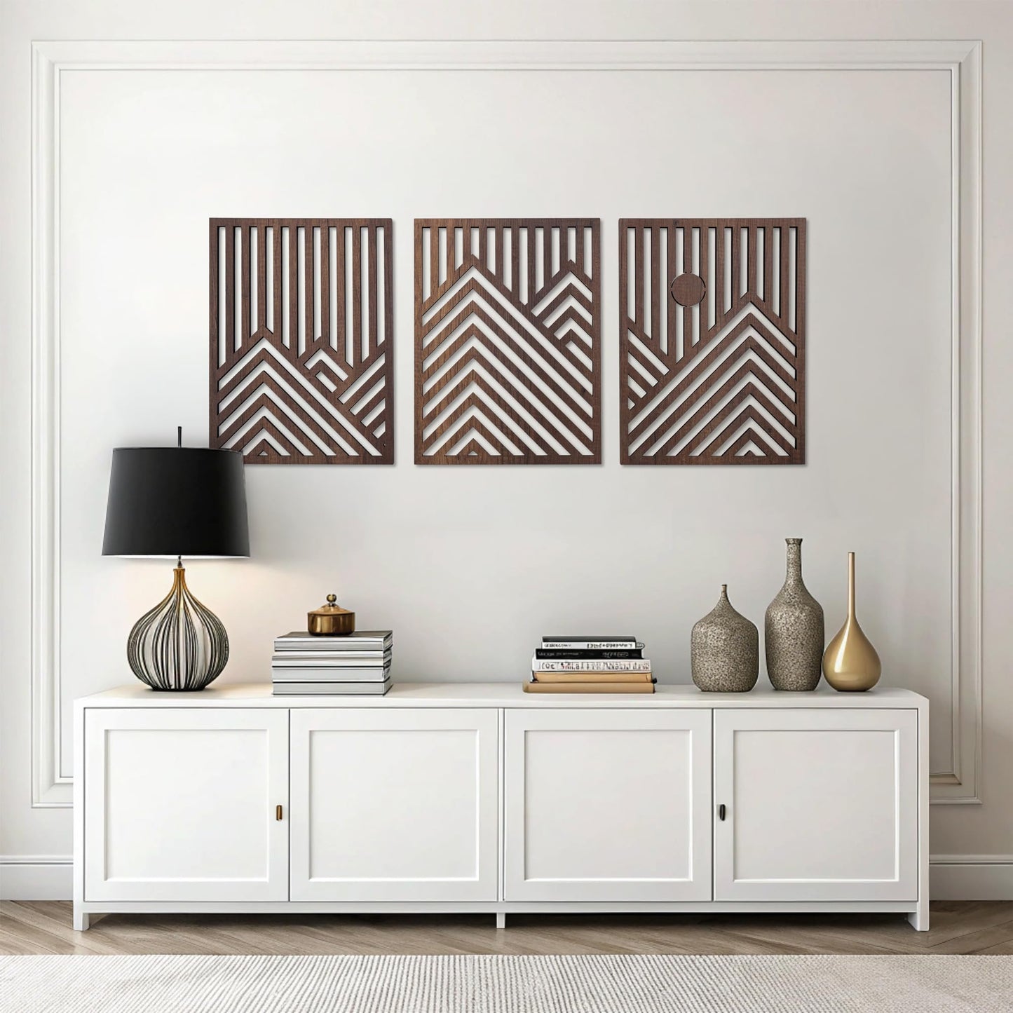 qmmp Modern Wooden Wall Sculptures - Set of 3 - Home Decor Accent - Large Wall Art for Living Room, Bedroom, Office - Easy Installation (Walnut, Large - Tree Leaves)