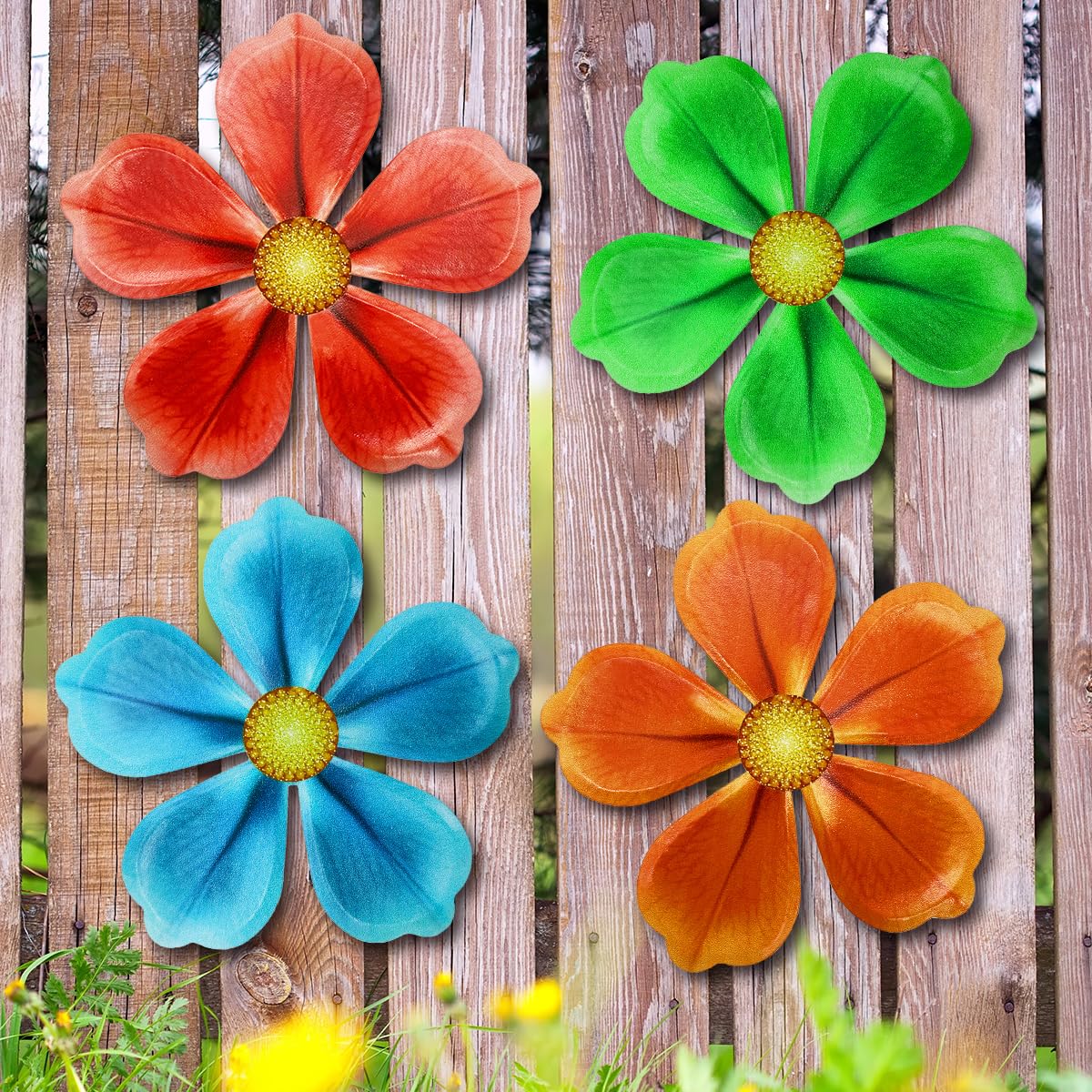 Giyyomtr Metal Flowers Wall Decor - 4pcs 6.2'' Metal Wall Art Hanging Decorations for Outdoor Fence Garden Yard Patio Exterior Home Wall Decor
