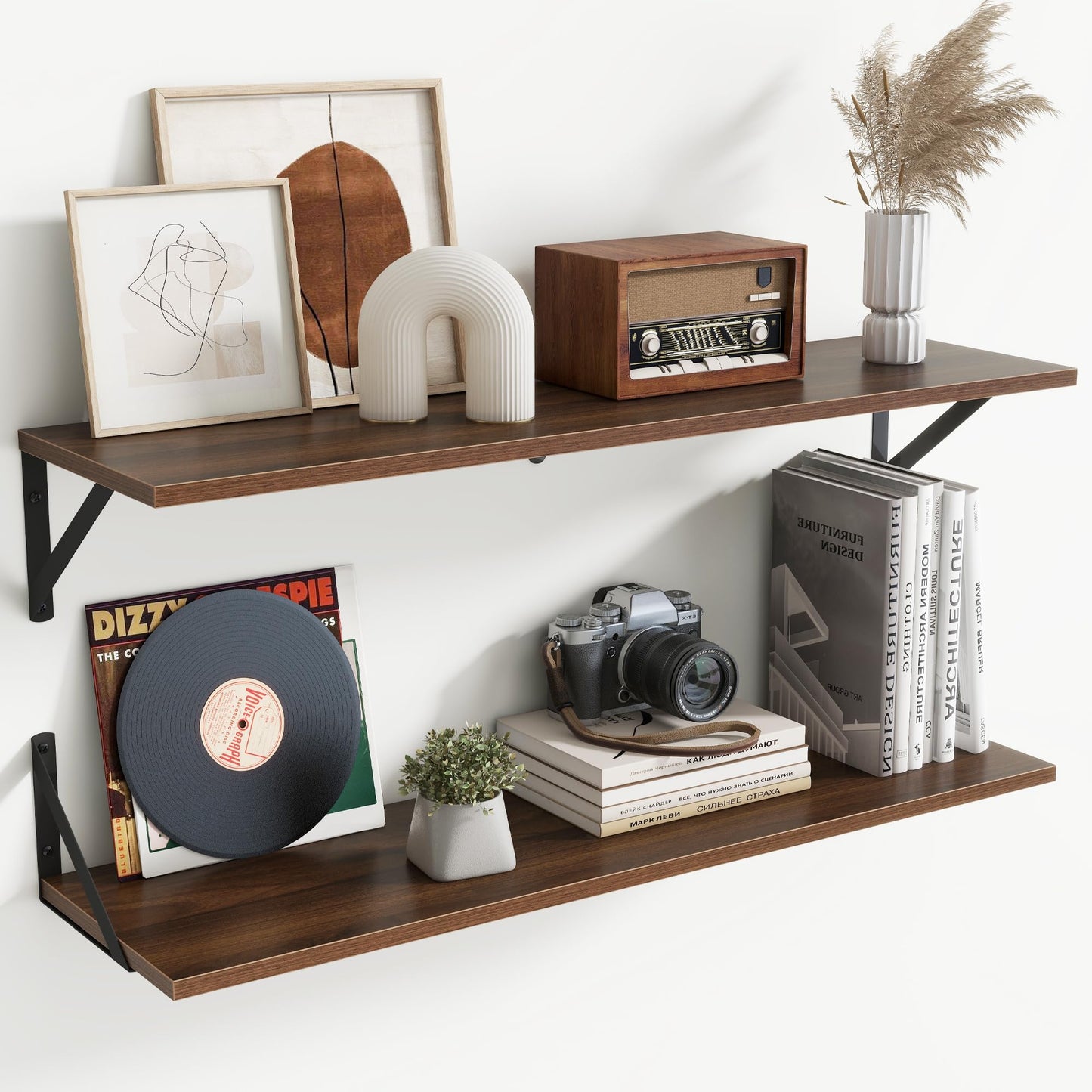 Acovy Deep Floating Shelves Wall Mounted, 36"x12" Brown Wood Shelves with Brackets Set of 2 for Bedroom, Living Room, Bathroom, Kitchen, Office - Storage & Display Shelf for Decor, Books, Plants