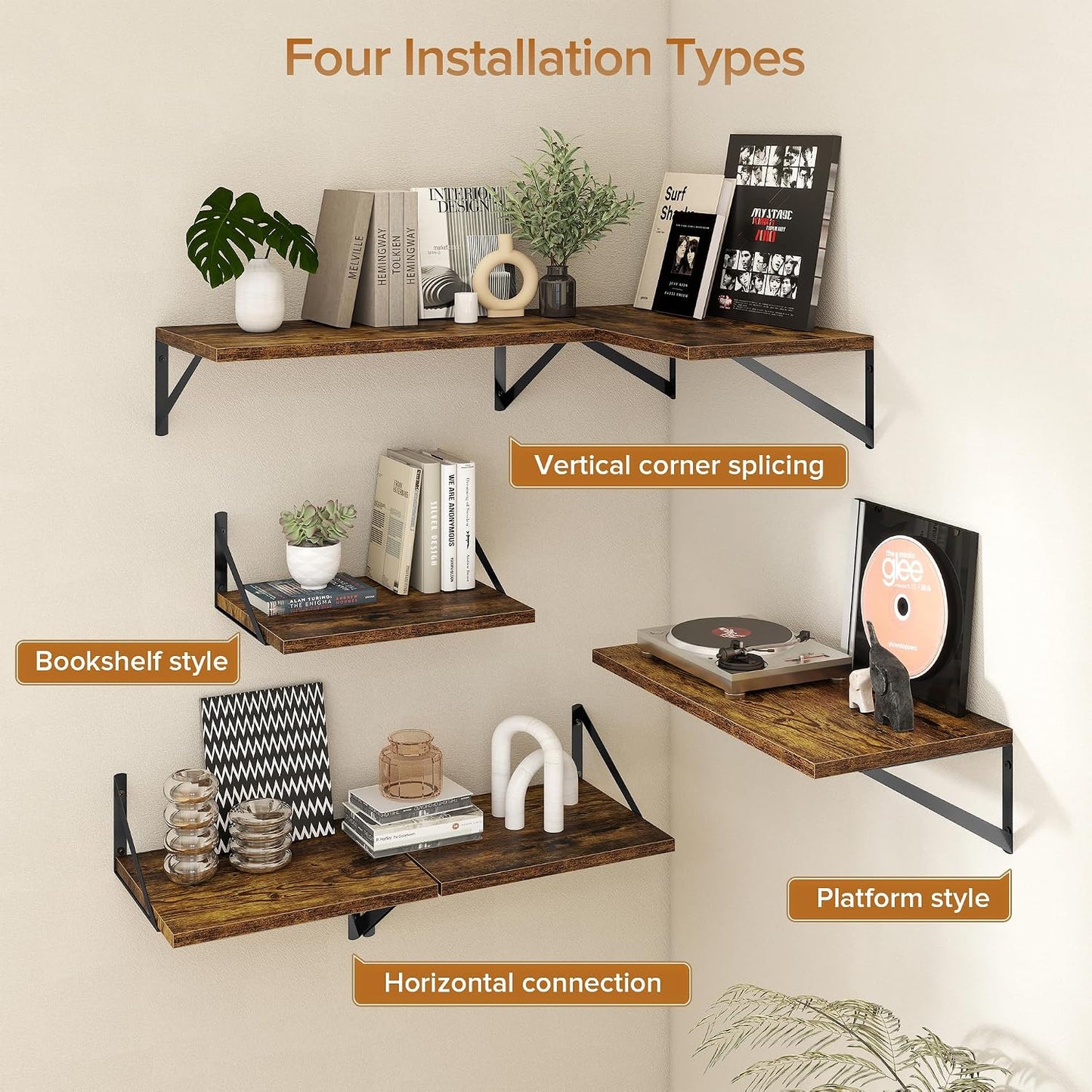 Acovy Deep Floating Shelves Wall Mounted, 36"x12" Brown Wood Shelves with Brackets Set of 2 for Bedroom, Living Room, Bathroom, Kitchen, Office - Storage & Display Shelf for Decor, Books, Plants