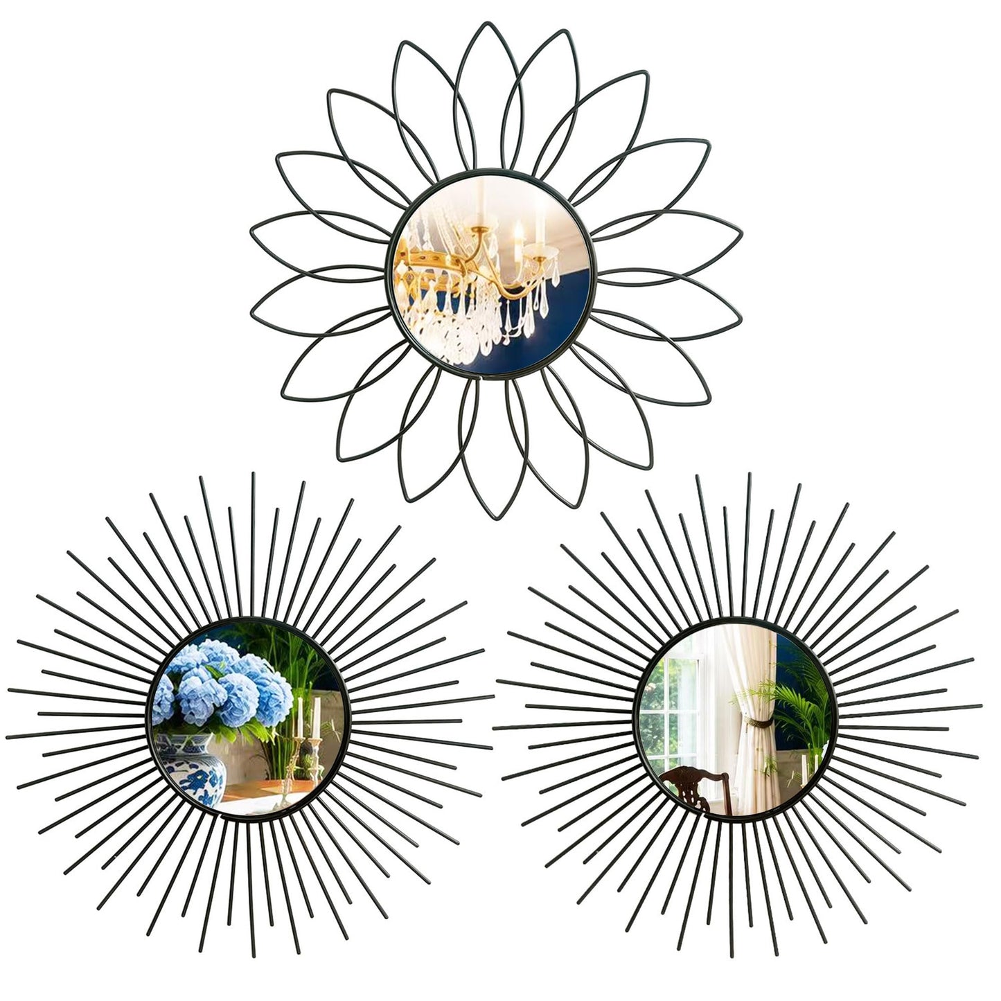 3 Pack Metal Mirrors for Wall Sunburst Wall Mirrors Home Décor Decorative Hanging Wall Art for Living Room Bedroom Entryway (Gold, Flower+Sunburst)