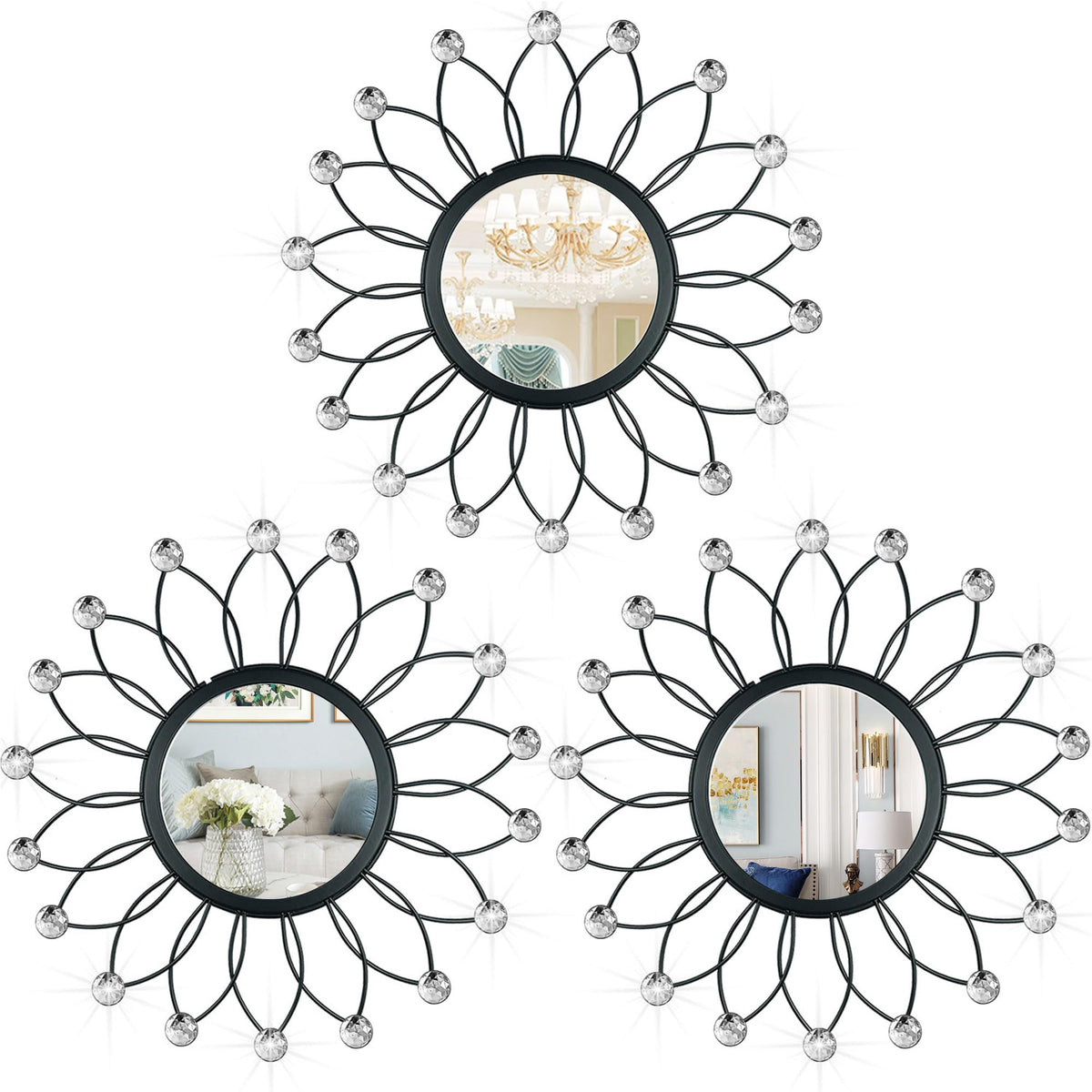 3 Pack Metal Mirrors for Wall Sunburst Wall Mirrors Home Décor Decorative Hanging Wall Art for Living Room Bedroom Entryway (Gold, Flower+Sunburst)