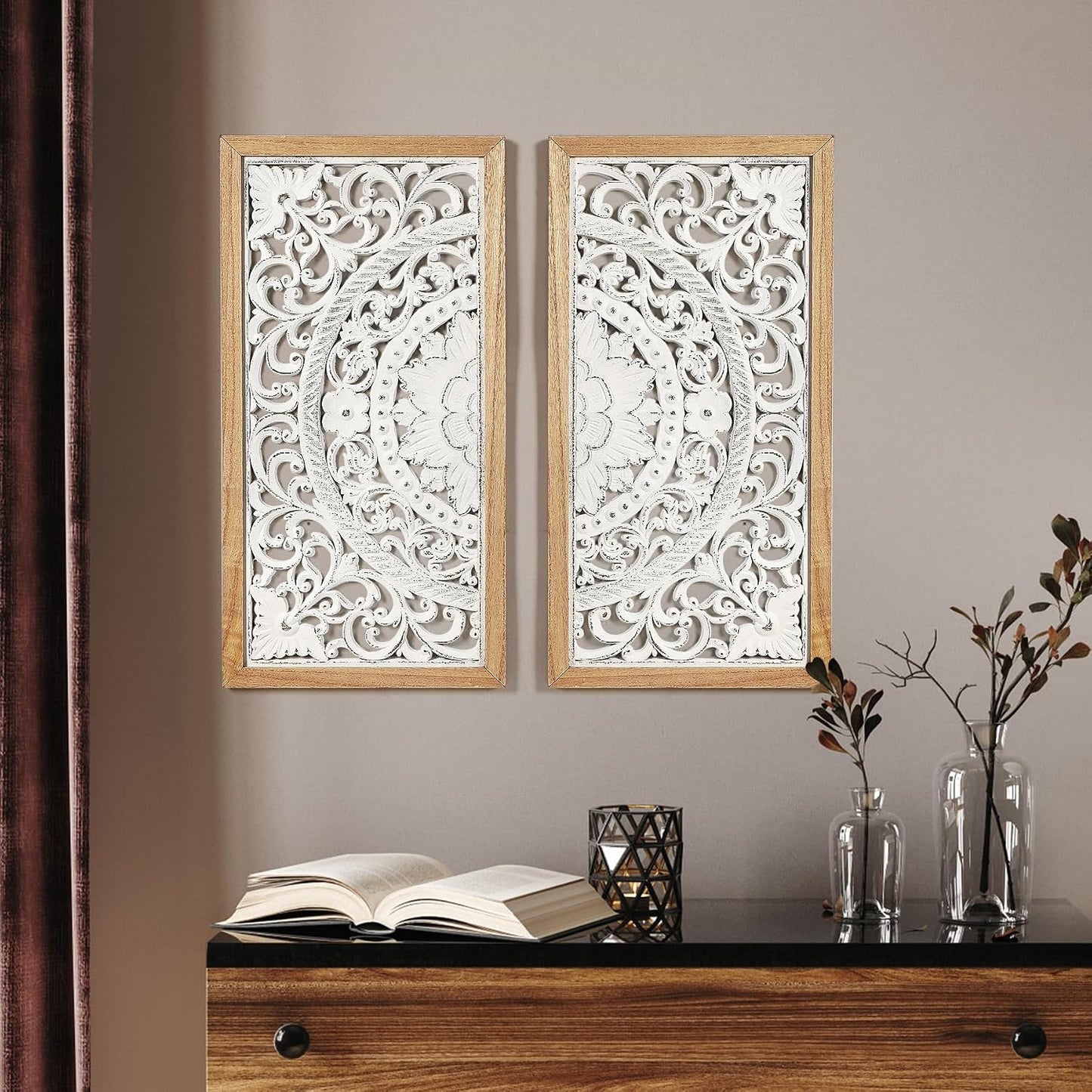 2 Panel Wall Art Decor Wall Sculpture, Carved Wood Wall Decor Wall Hanging