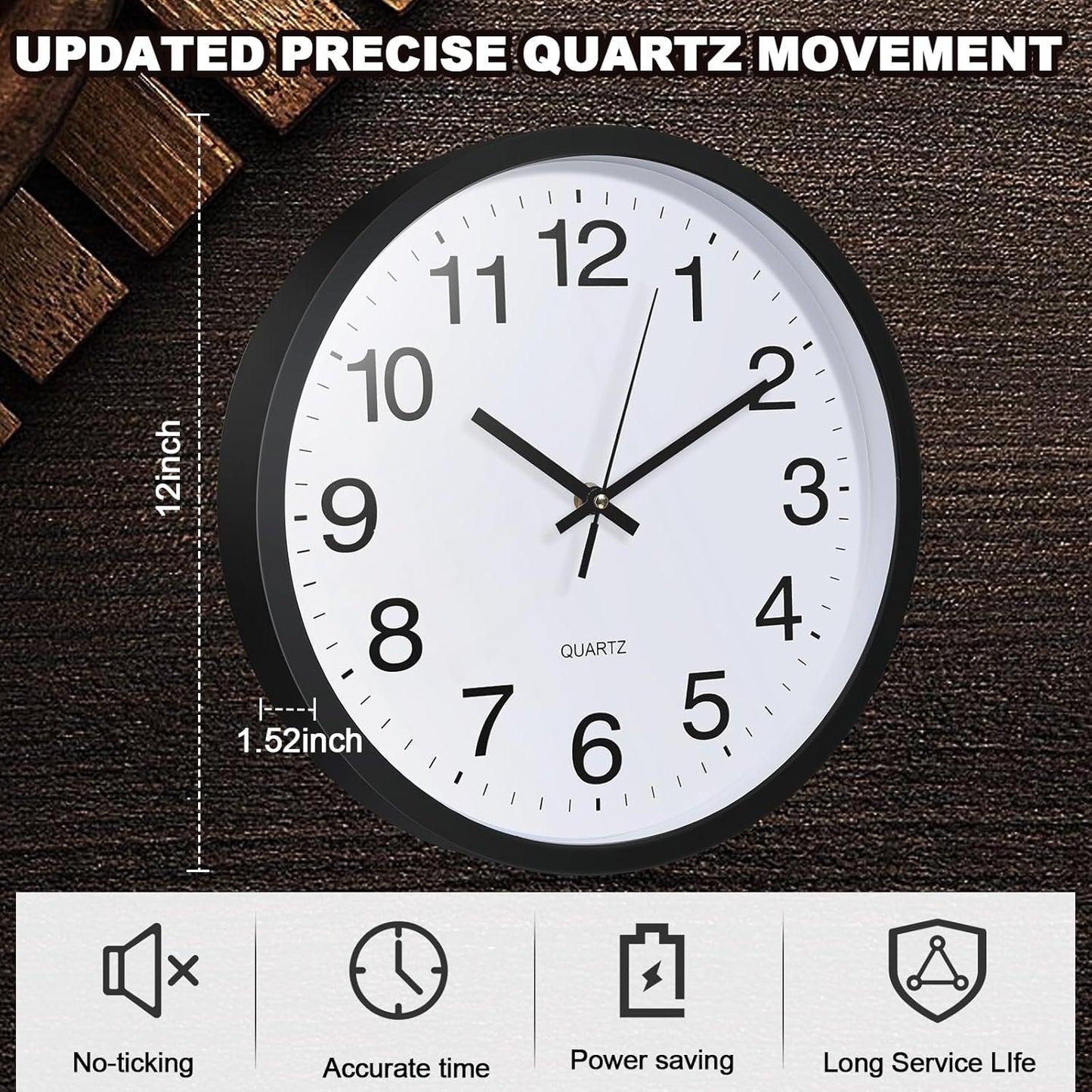 Inbagi 12 Pcs Silent Wall Clocks 12 Inch Large Quartz Analog Clock Black