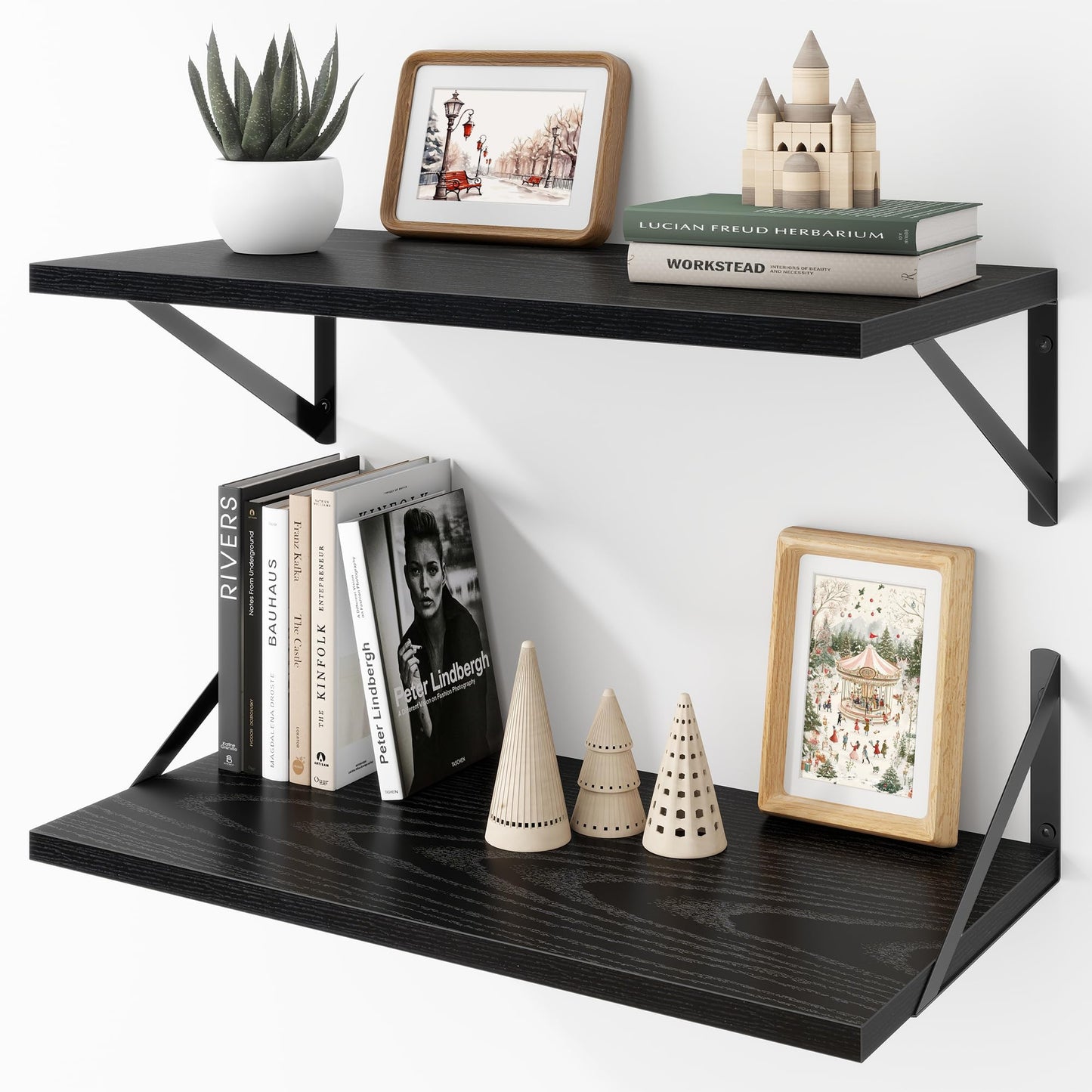 Acovy Deep Floating Shelves Wall Mounted, 36"x12" Brown Wood Shelves with Brackets Set of 2 for Bedroom, Living Room, Bathroom, Kitchen, Office - Storage & Display Shelf for Decor, Books, Plants