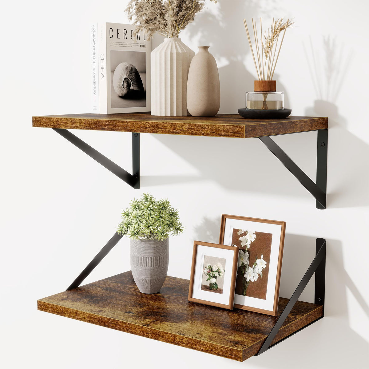 Acovy Deep Floating Shelves Wall Mounted, 36"x12" Brown Wood Shelves with Brackets Set of 2 for Bedroom, Living Room, Bathroom, Kitchen, Office - Storage & Display Shelf for Decor, Books, Plants